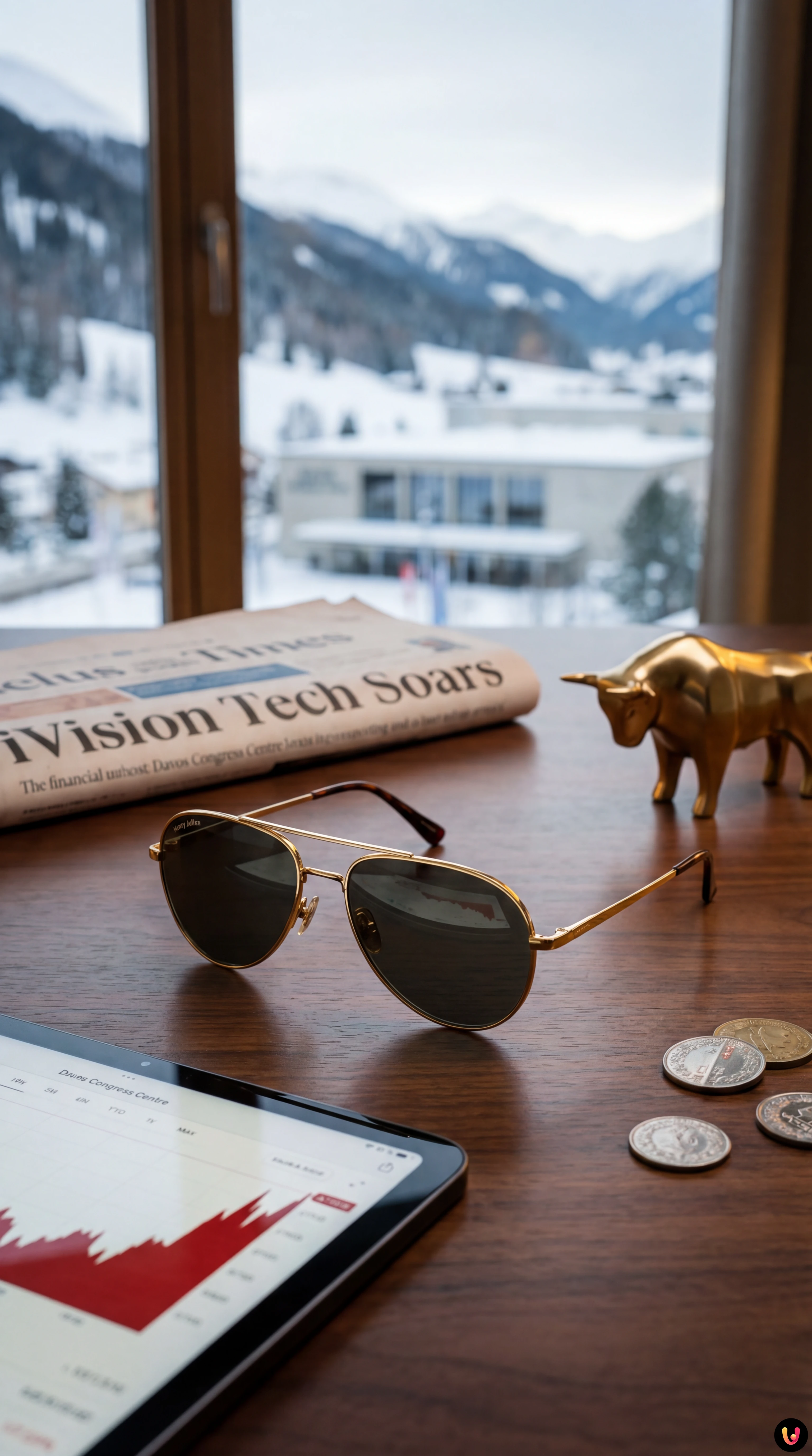 Macron con occhiali da sole Henry Jullien a Davos e grafico azioni iVision Tech in rialzo