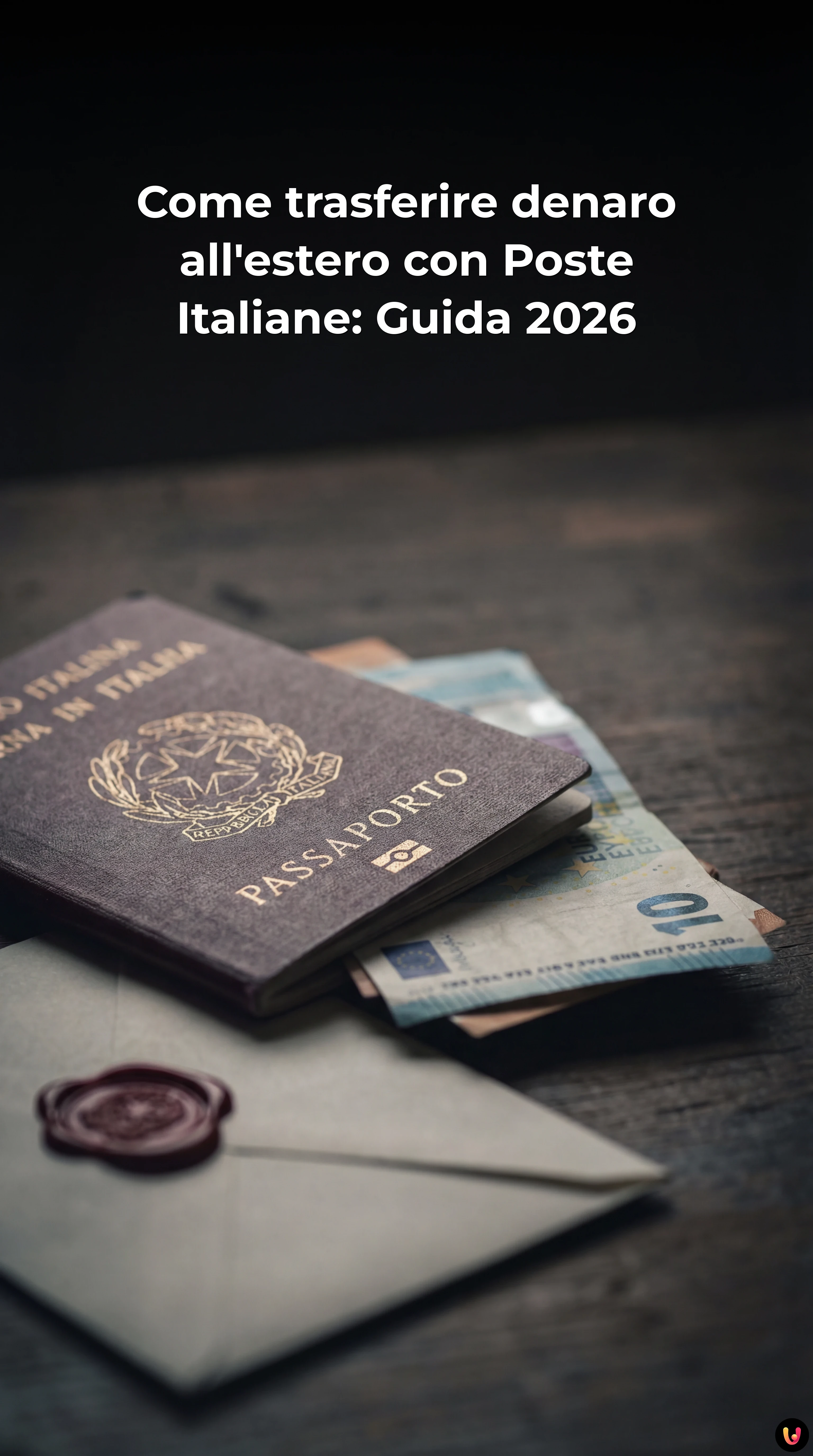 Smartphone con app BancoPosta per bonifici esteri su una scrivania con documenti di viaggio