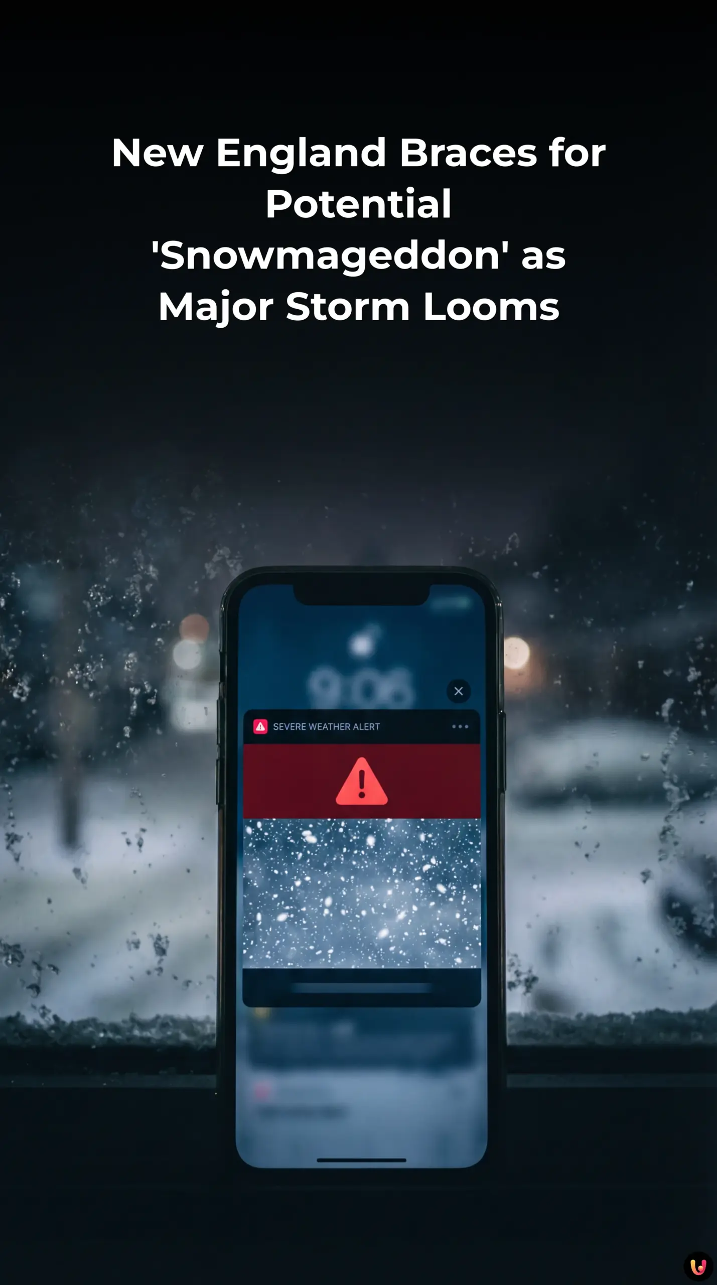 Heavy snowfall covers a city street during a severe winter storm in New England.