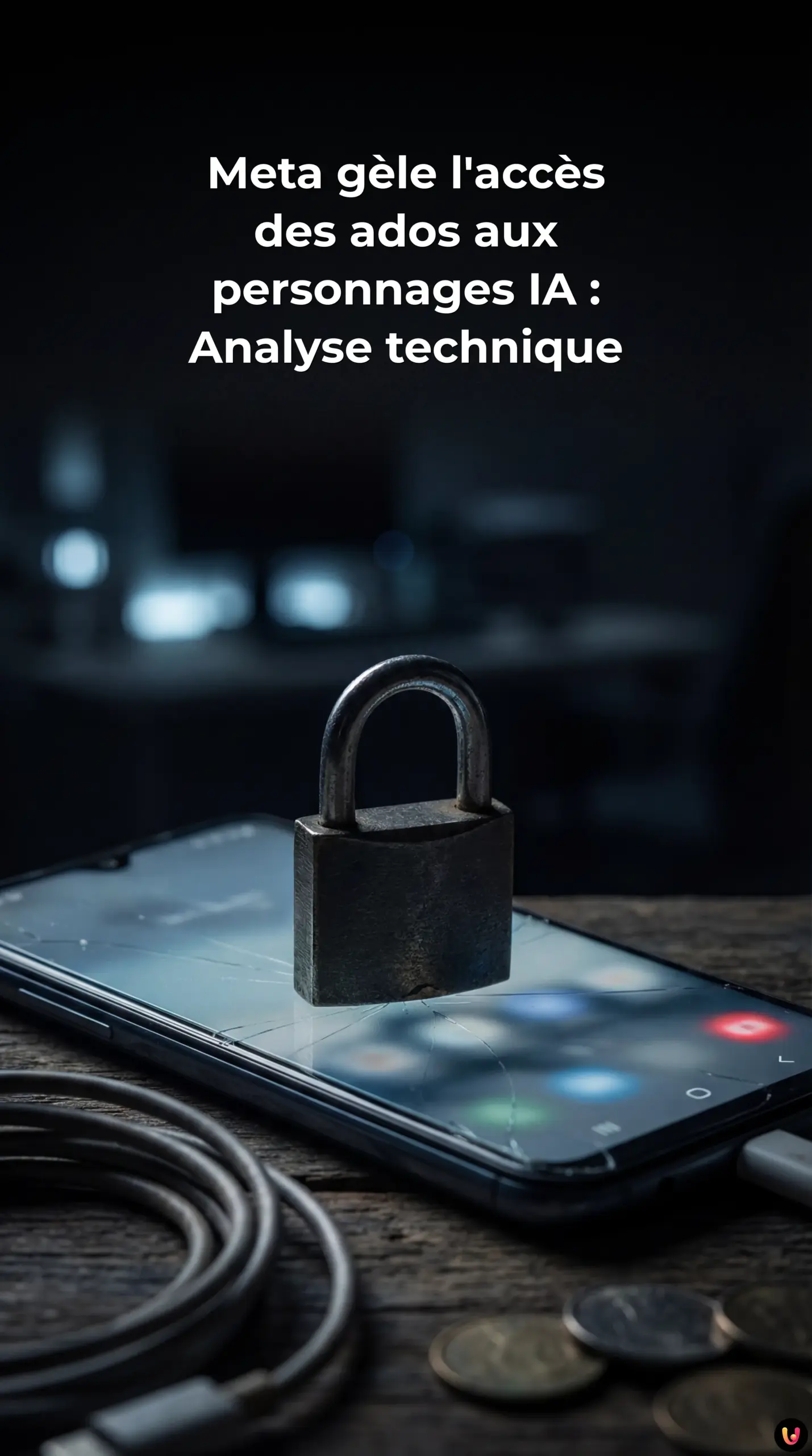 Smartphone affichant une interface d'IA bloquée devant le logo Meta