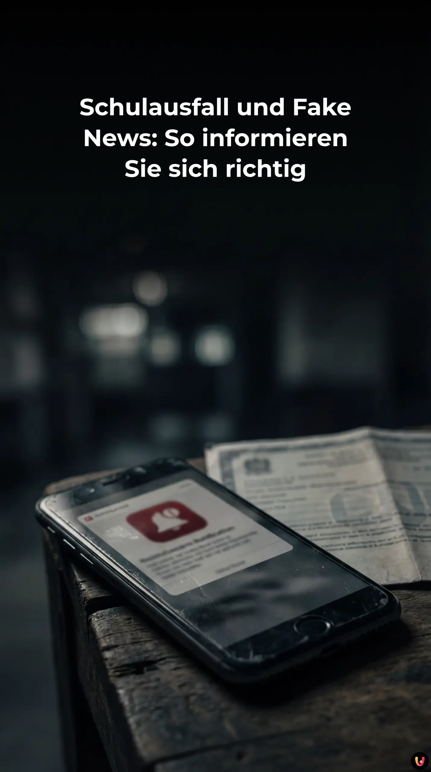 Person pr&uuml;ft Smartphone auf Schulausfall-Infos vor verschneitem Fenster