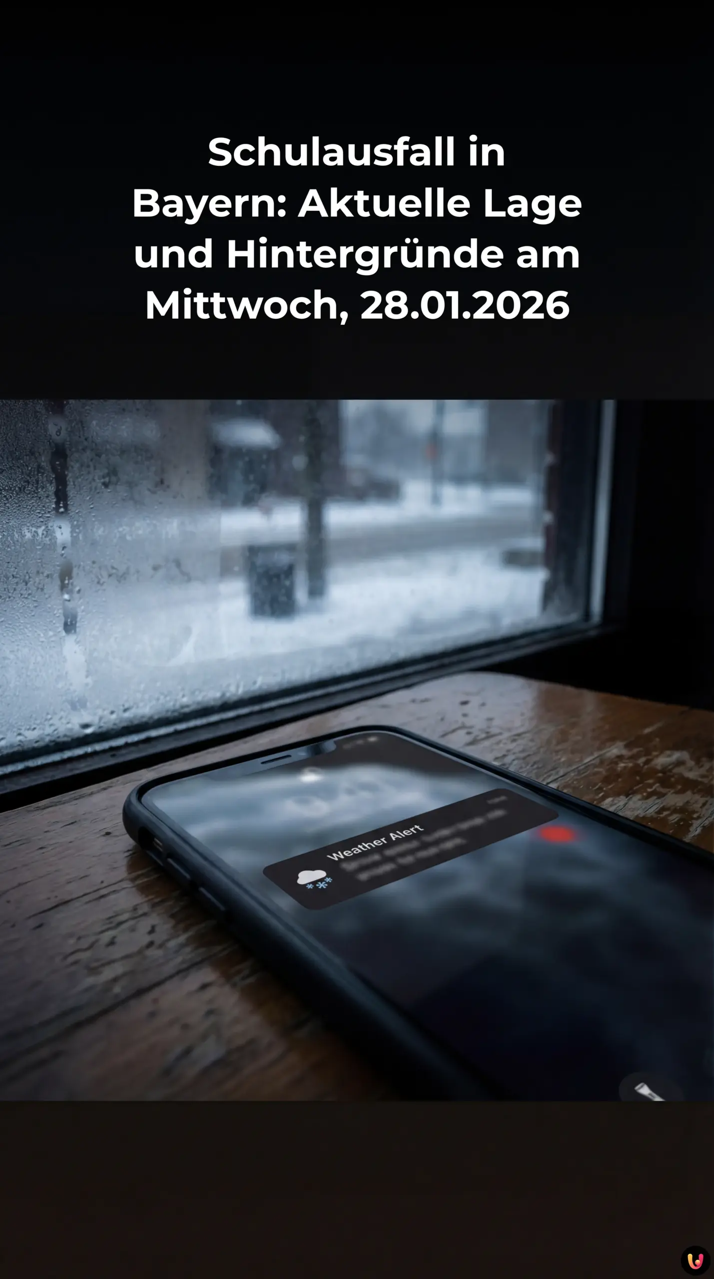 Verschneites Schulgebäude in Bayern mit leerem Pausenhof wegen Schulausfall