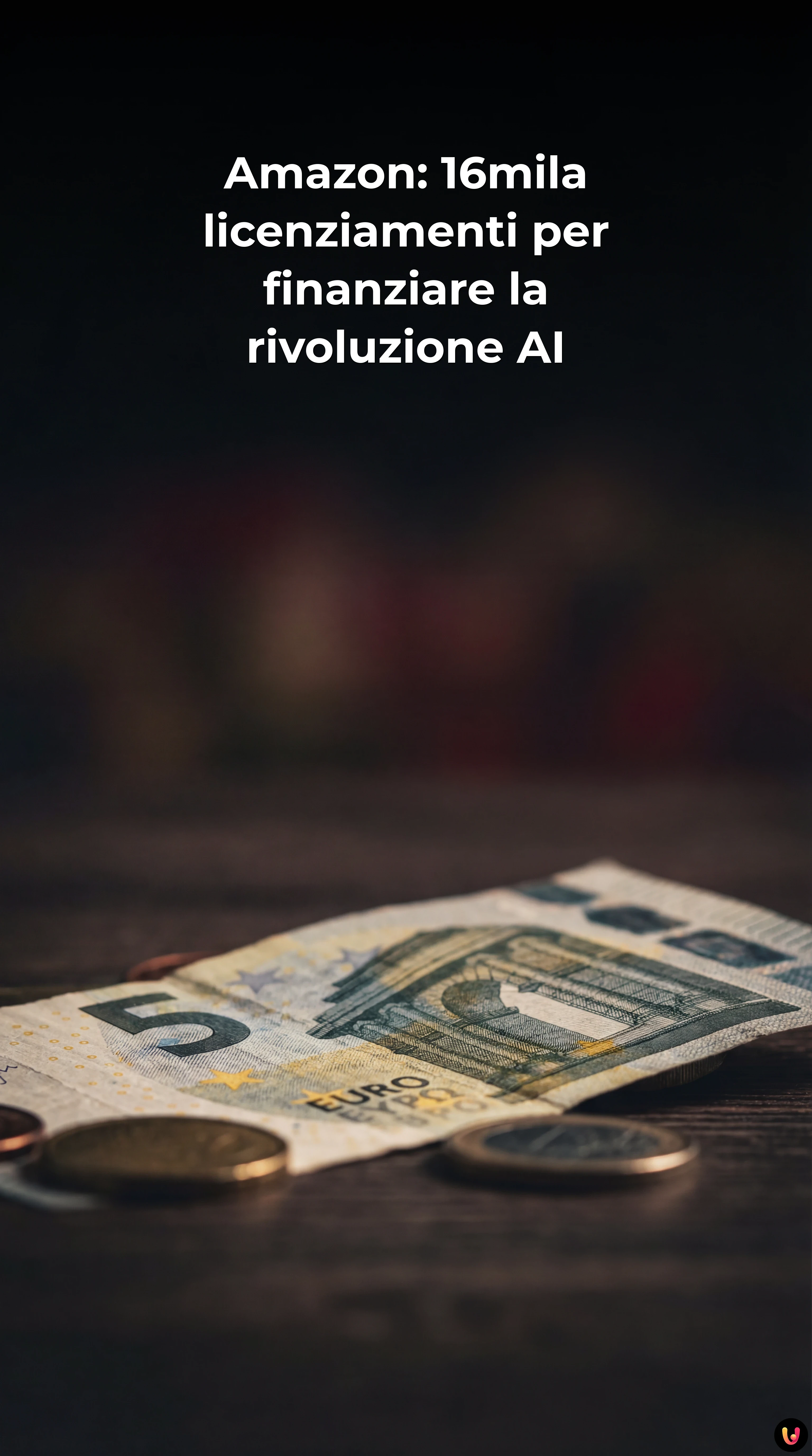 Logo Amazon illuminato su sfondo scuro con elementi grafici di intelligenza artificiale