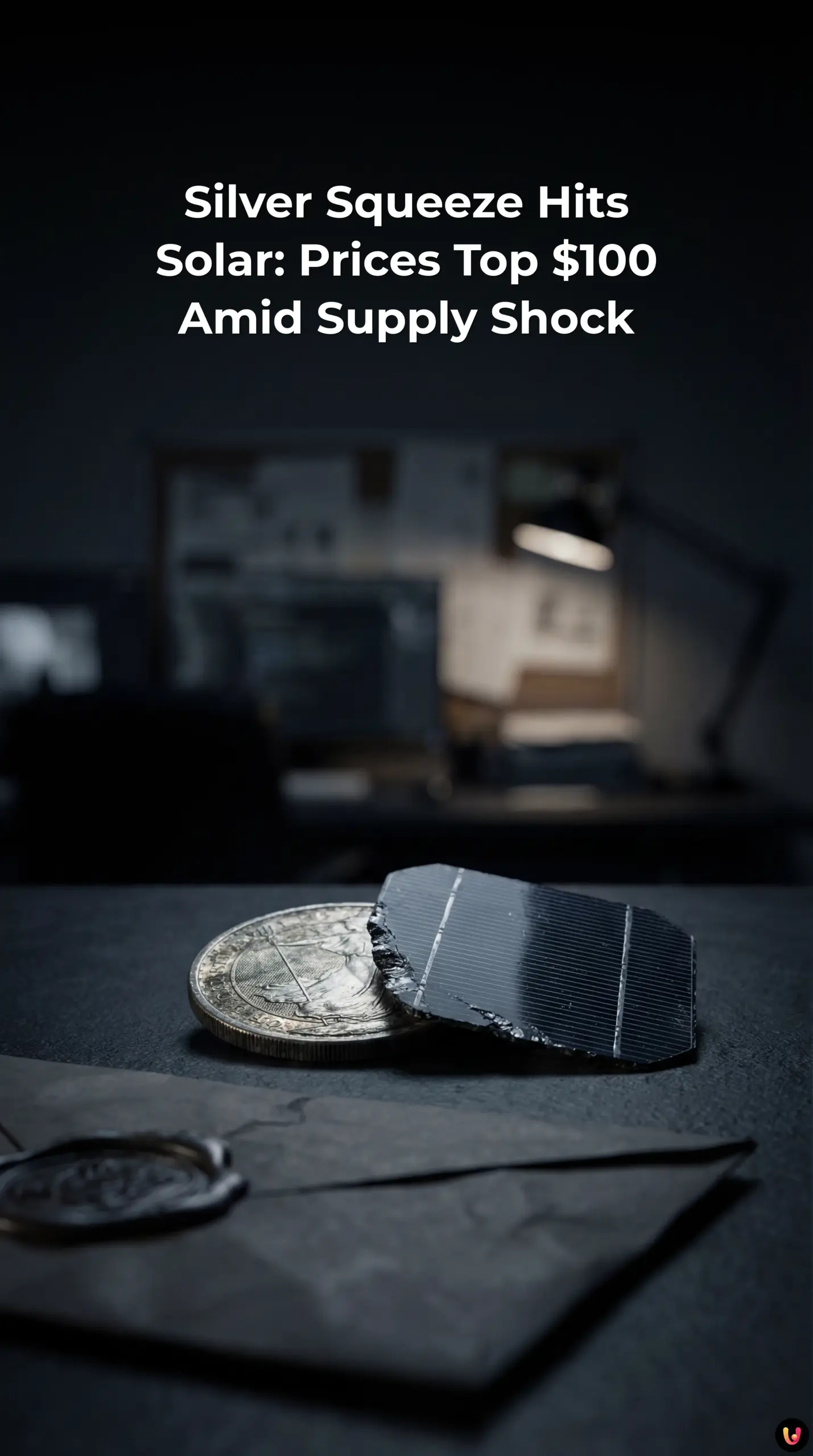 Solar panels with a rising stock market graph overlay showing silver at $100.