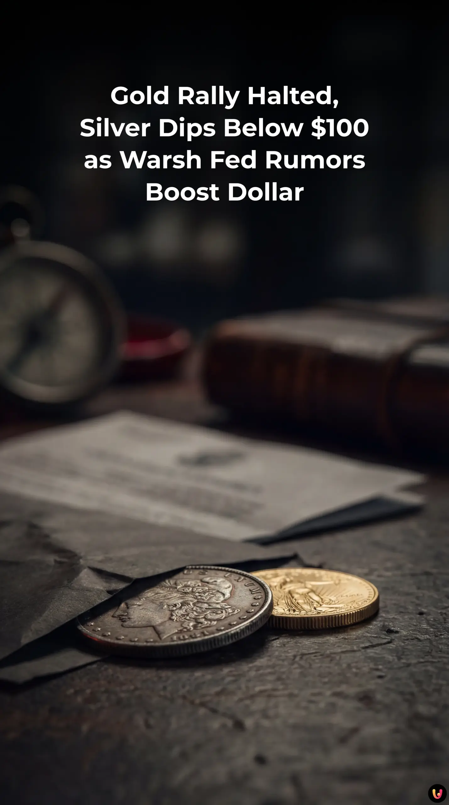 Financial charts show gold and silver prices crashing while the US dollar strengthens.