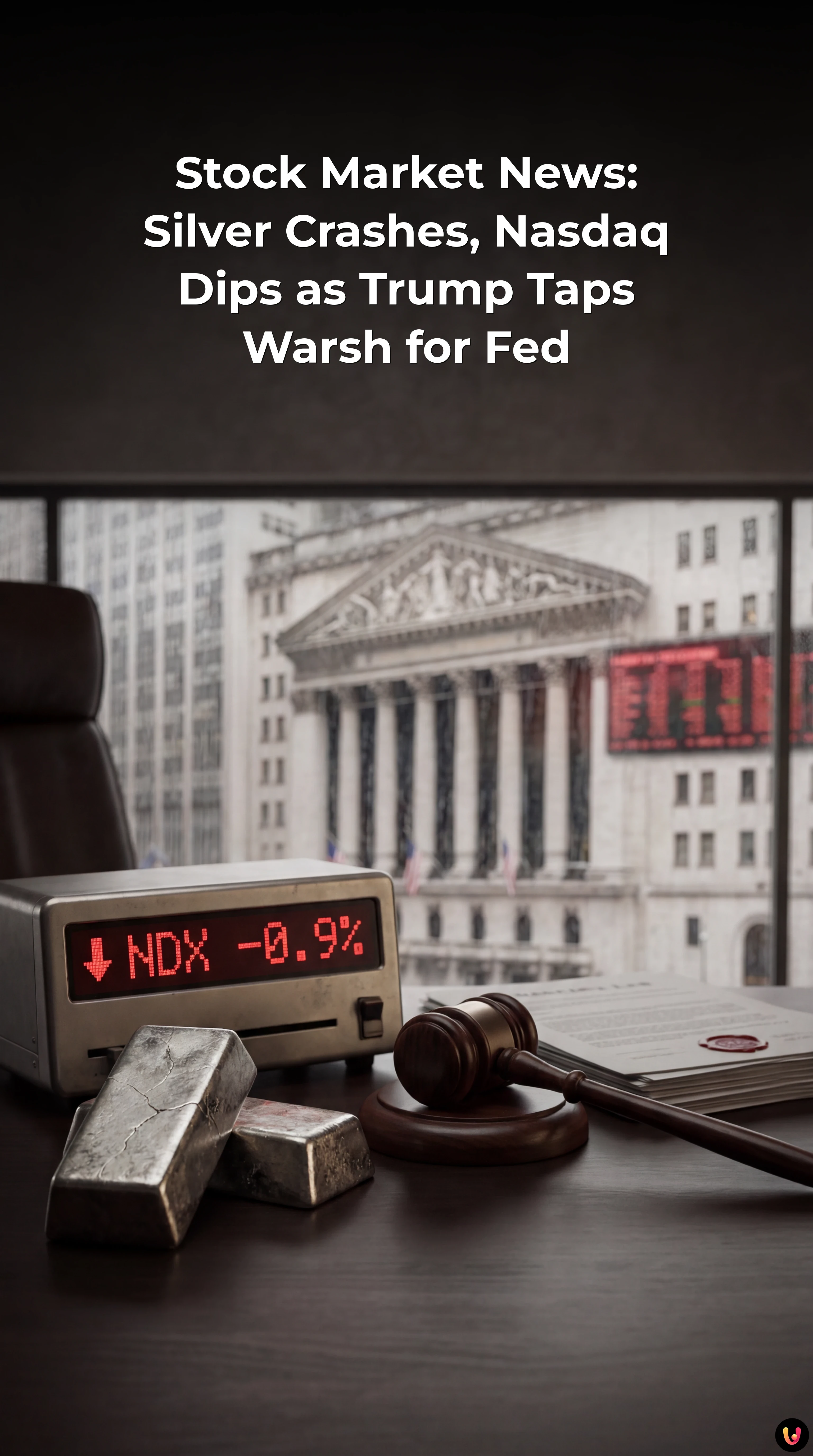 Stock market graphs showing a sharp silver price drop and Federal Reserve context.