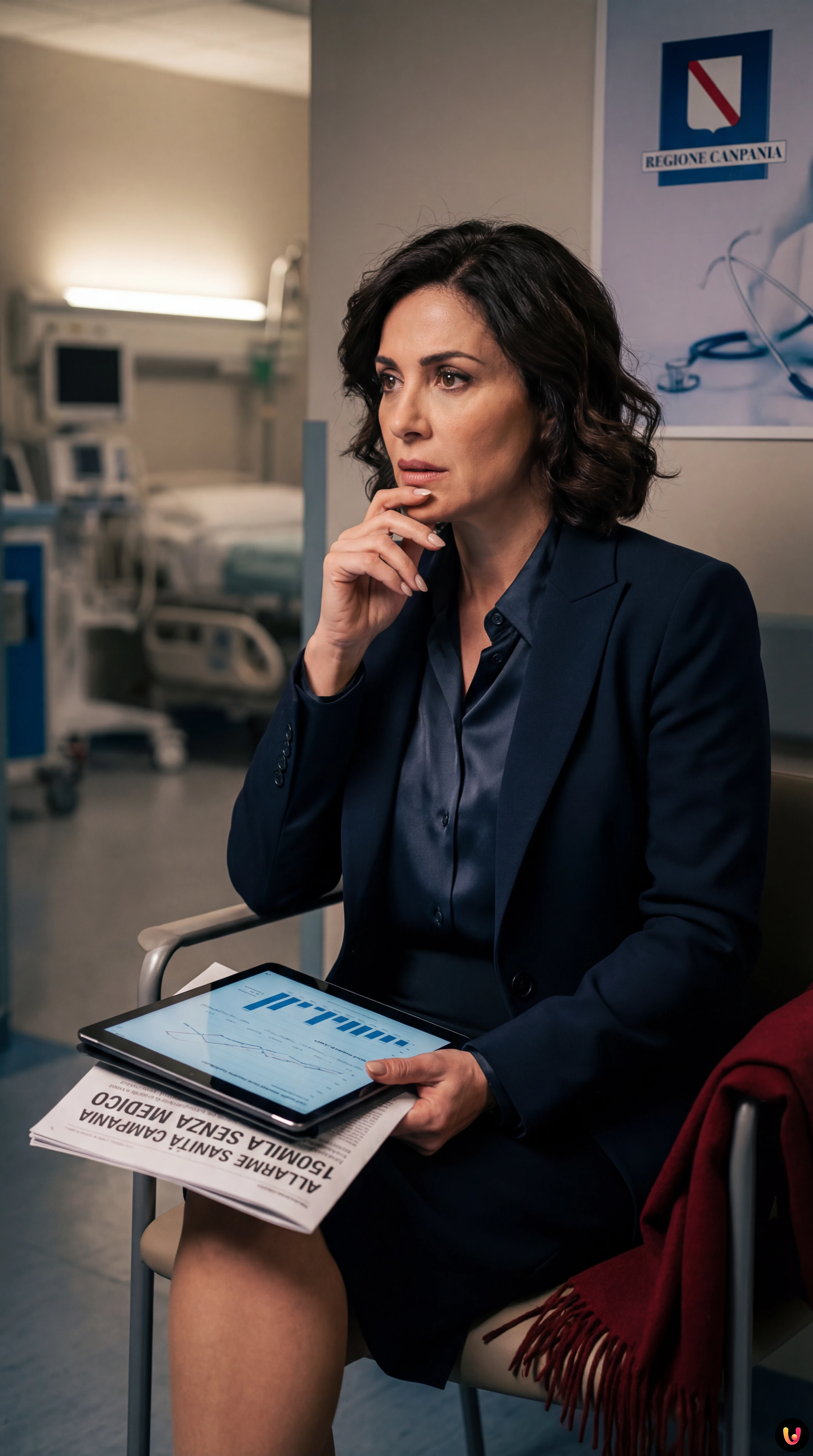 Corsia ospedale affollata con medici e barelle durante emergenza