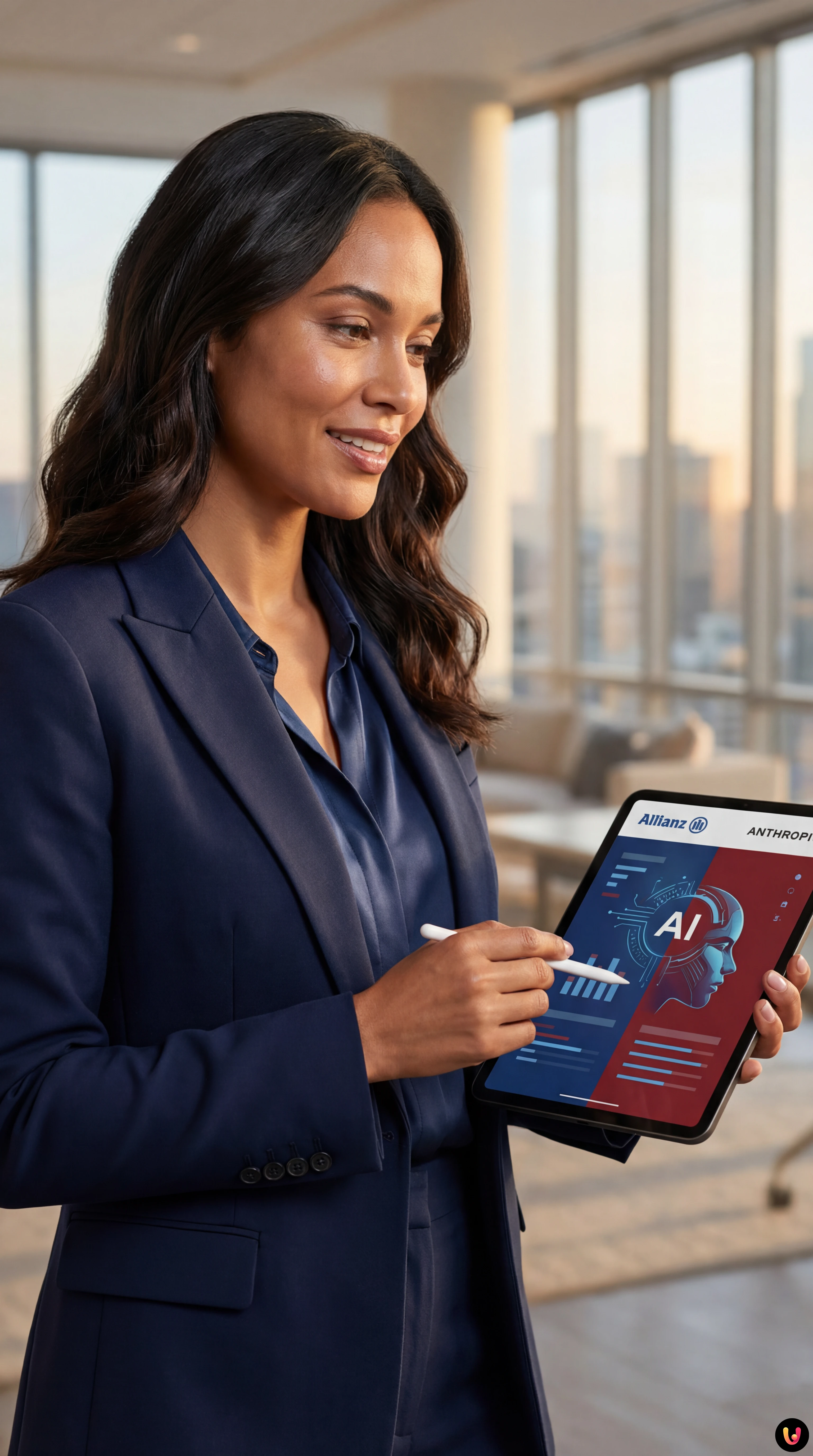 Professionisti analizzano dati assicurativi su schermi digitali con grafici IA avanzati