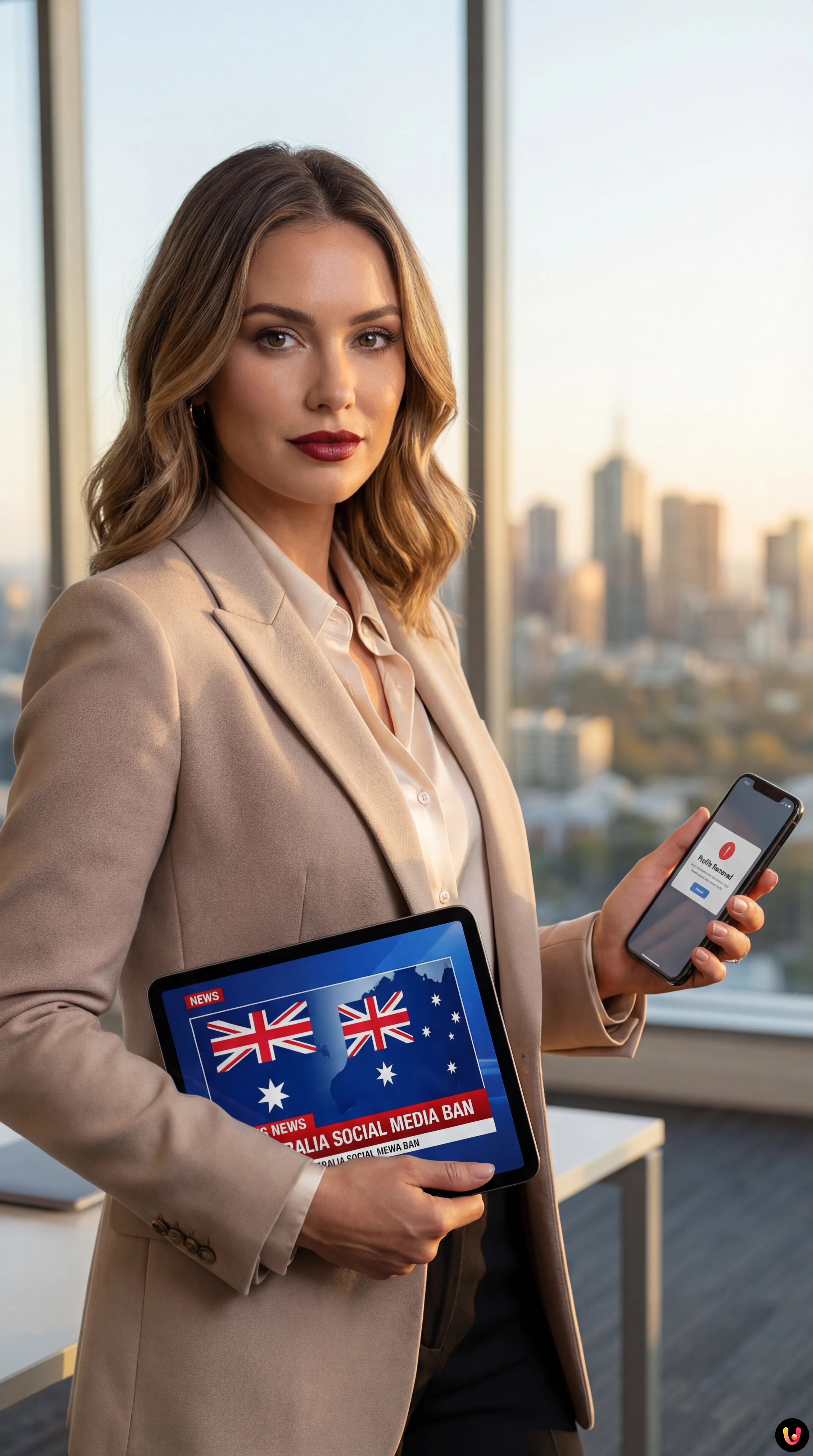 Smartphone mostra logo Meta e bandiera australiana con simbolo di divieto per minori