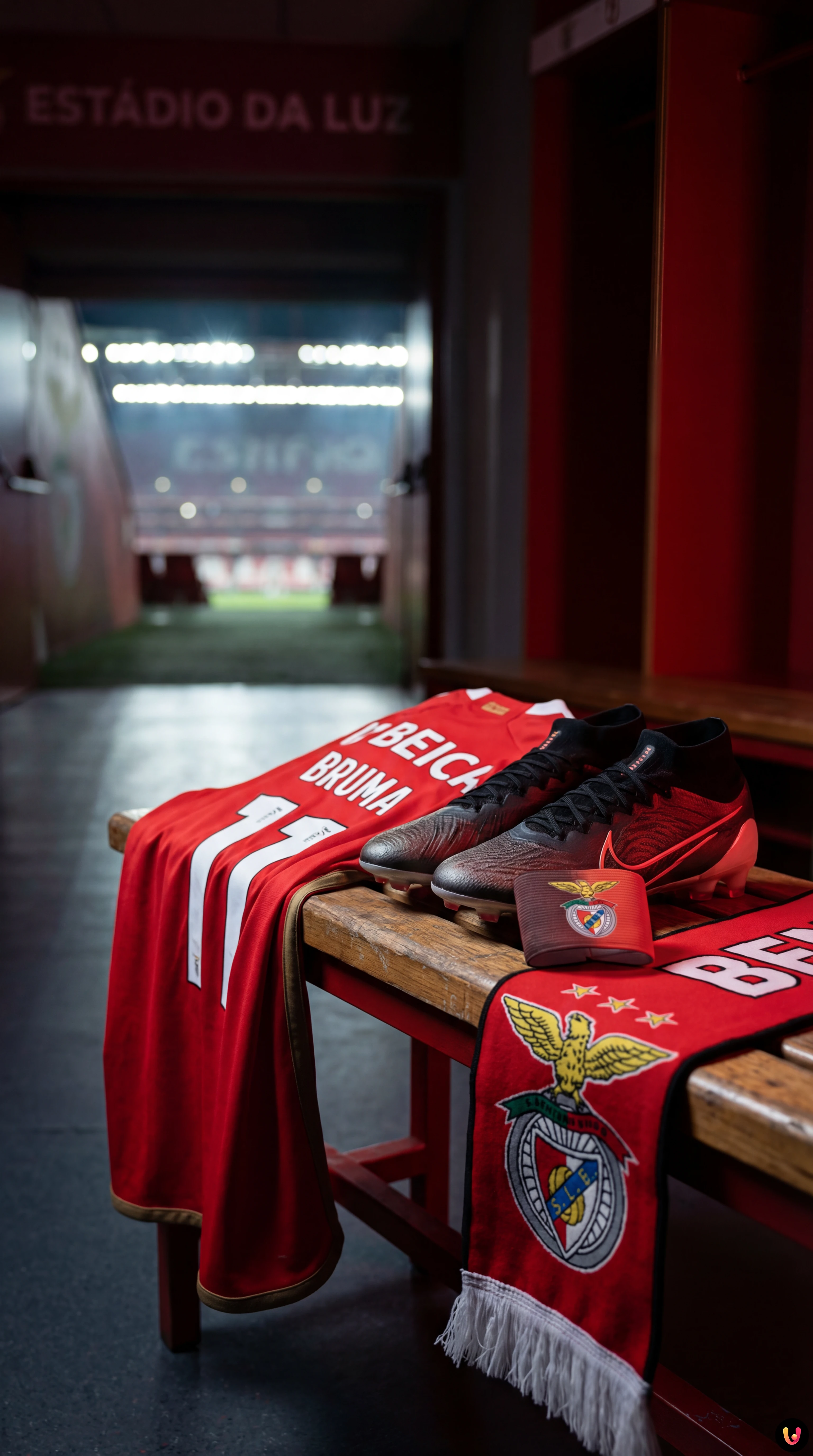 Primo piano di Bruma, giocatore del Benfica, con la maglia ufficiale