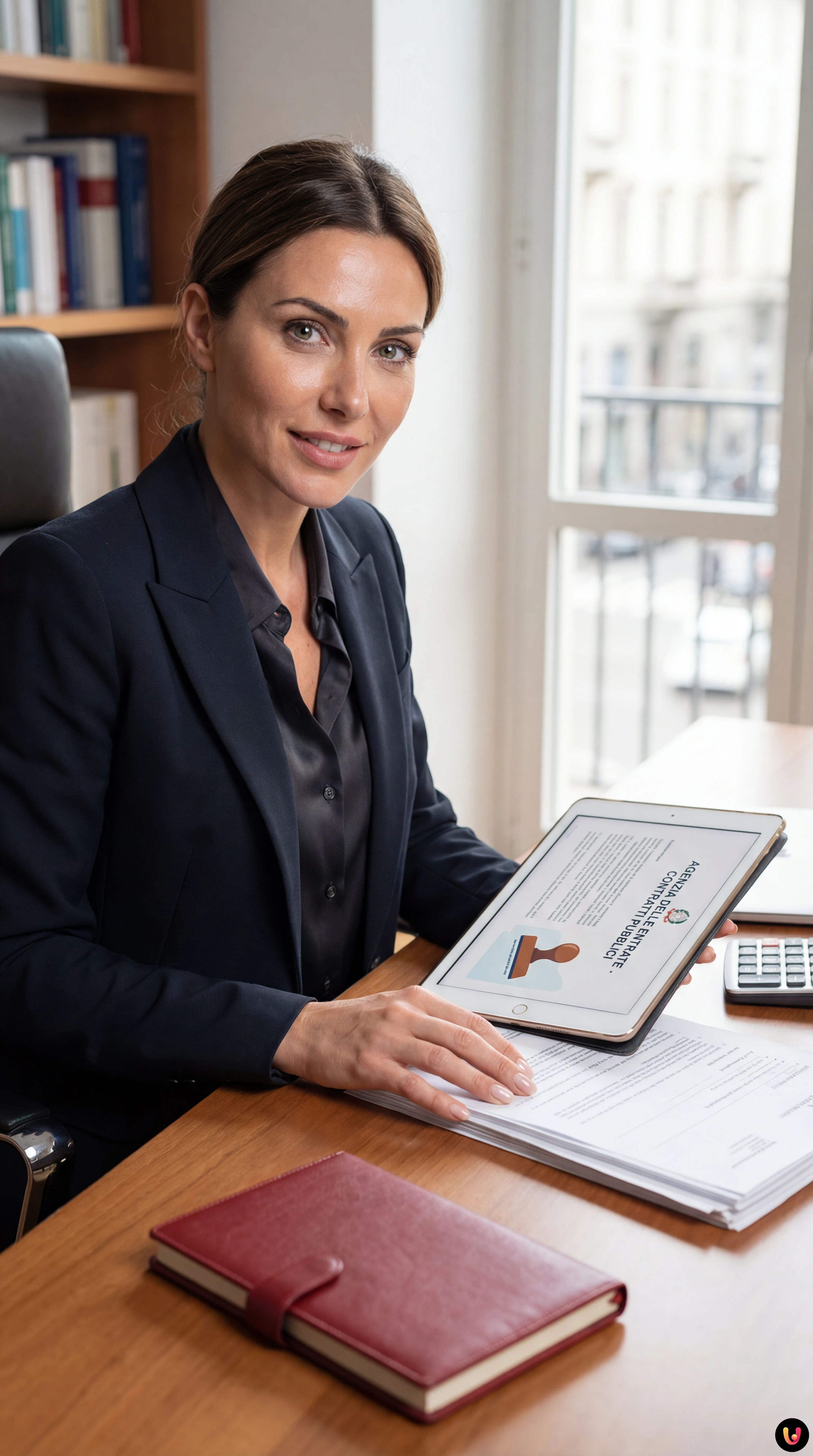 Firma digitale su contratto pubblico con documenti fiscali e calcolatrice su scrivania