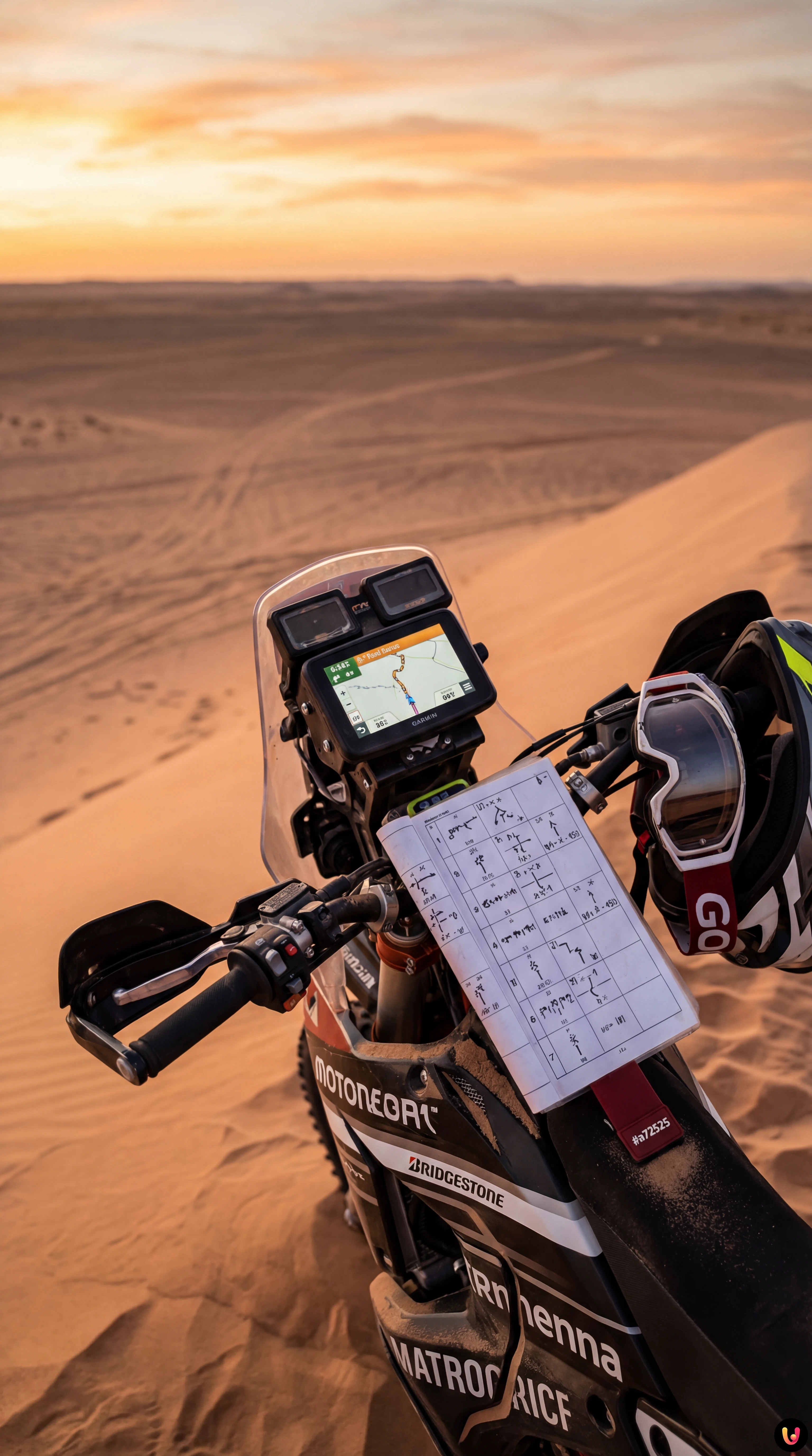 Luciano Benavides sur sa moto en plein désert saoudien.