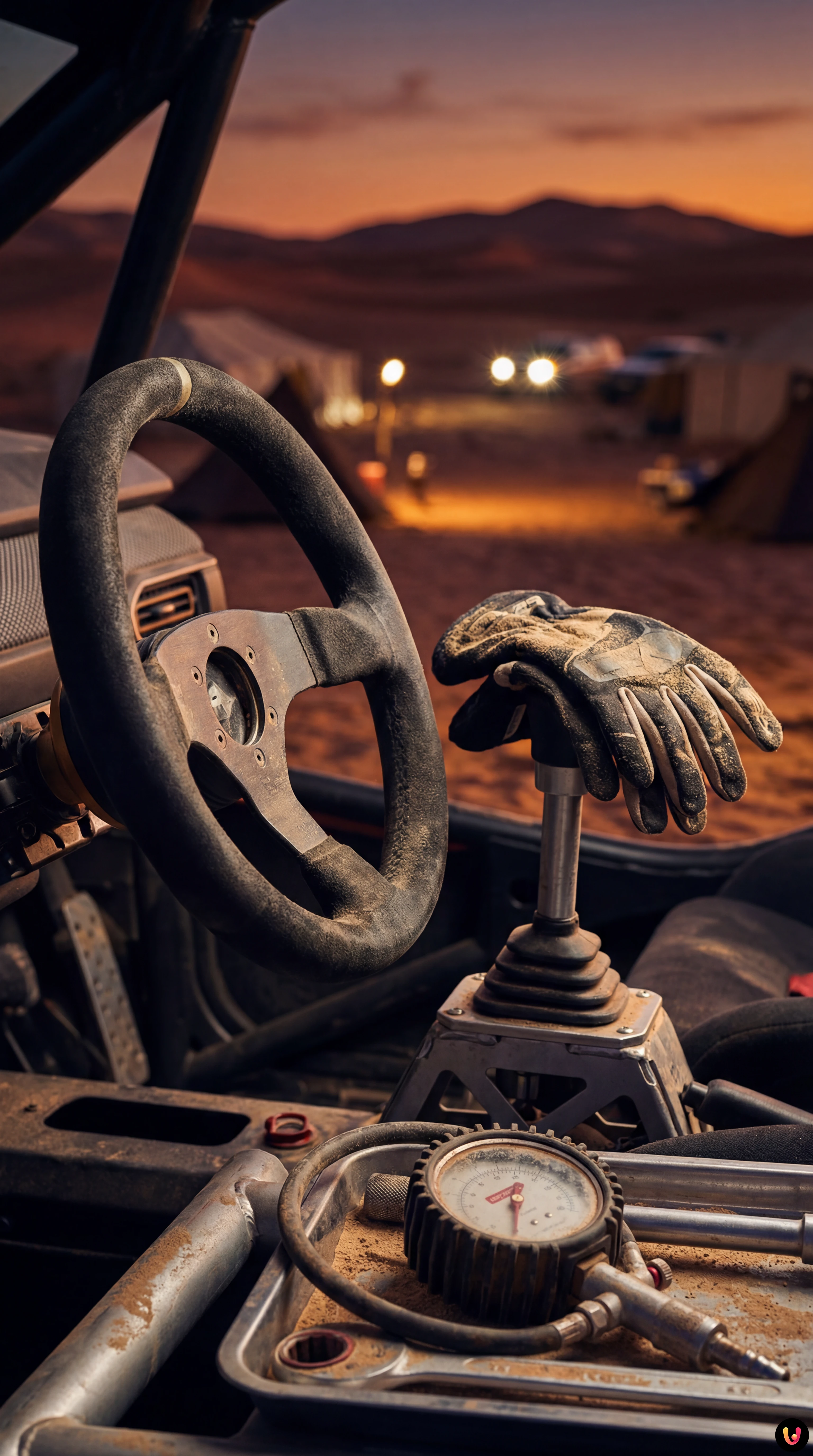 S&eacute;bastien Loeb concentr&eacute; devant sa Dacia Sandrider au bivouac du Dakar 2026 &agrave; Riyad.