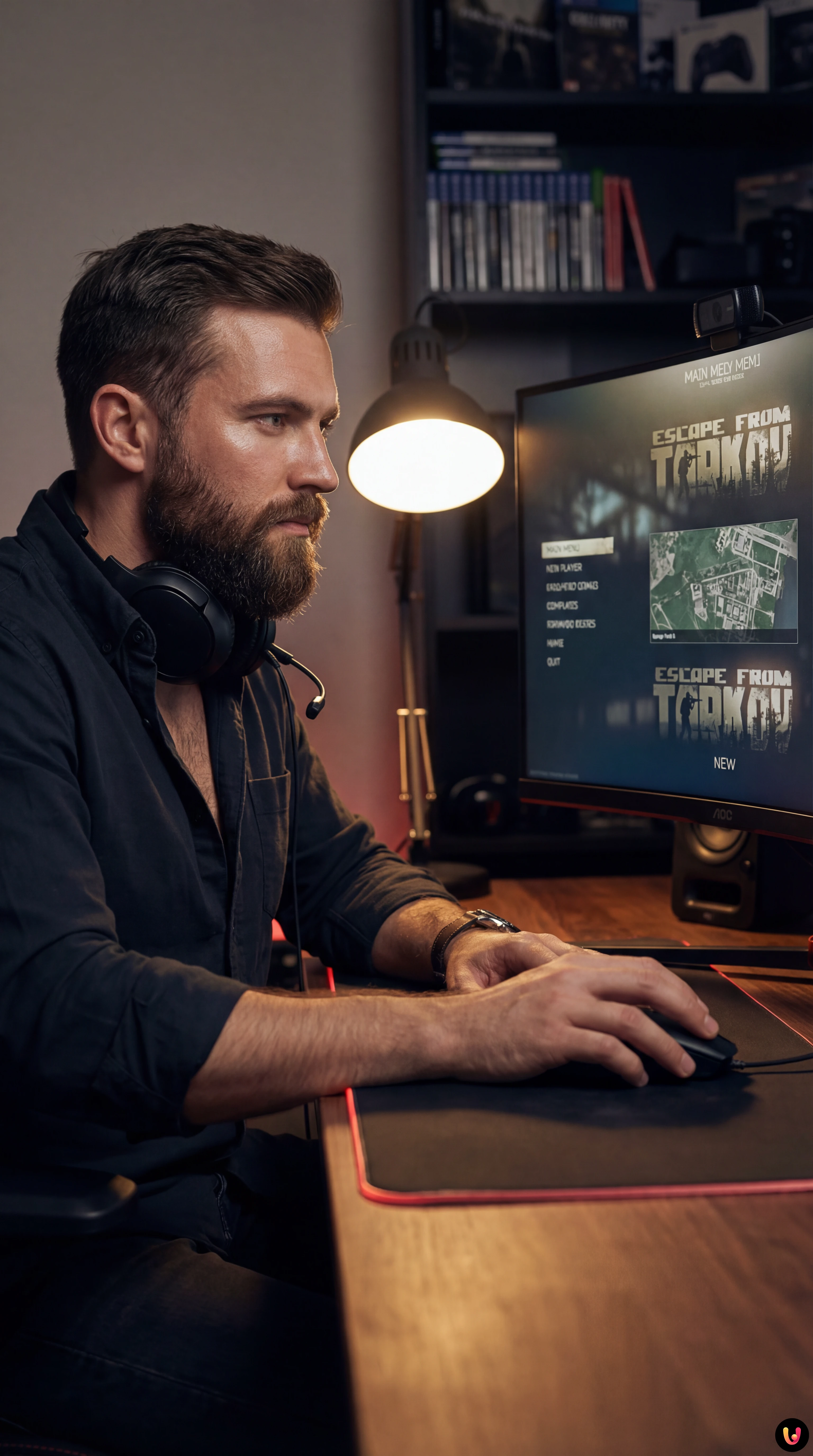 Operatore PMC armato esplora le rovine urbane nel videogioco Escape from Tarkov