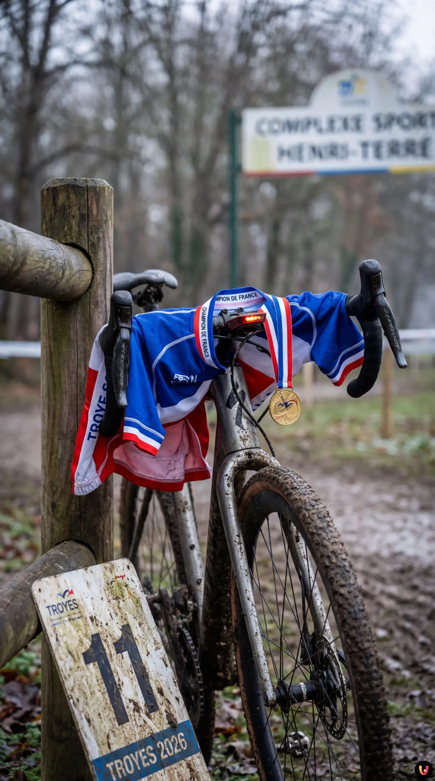 Joris Delbove c&eacute;l&egrave;bre sa victoire aux Championnats de France de cyclo-cross 2026.