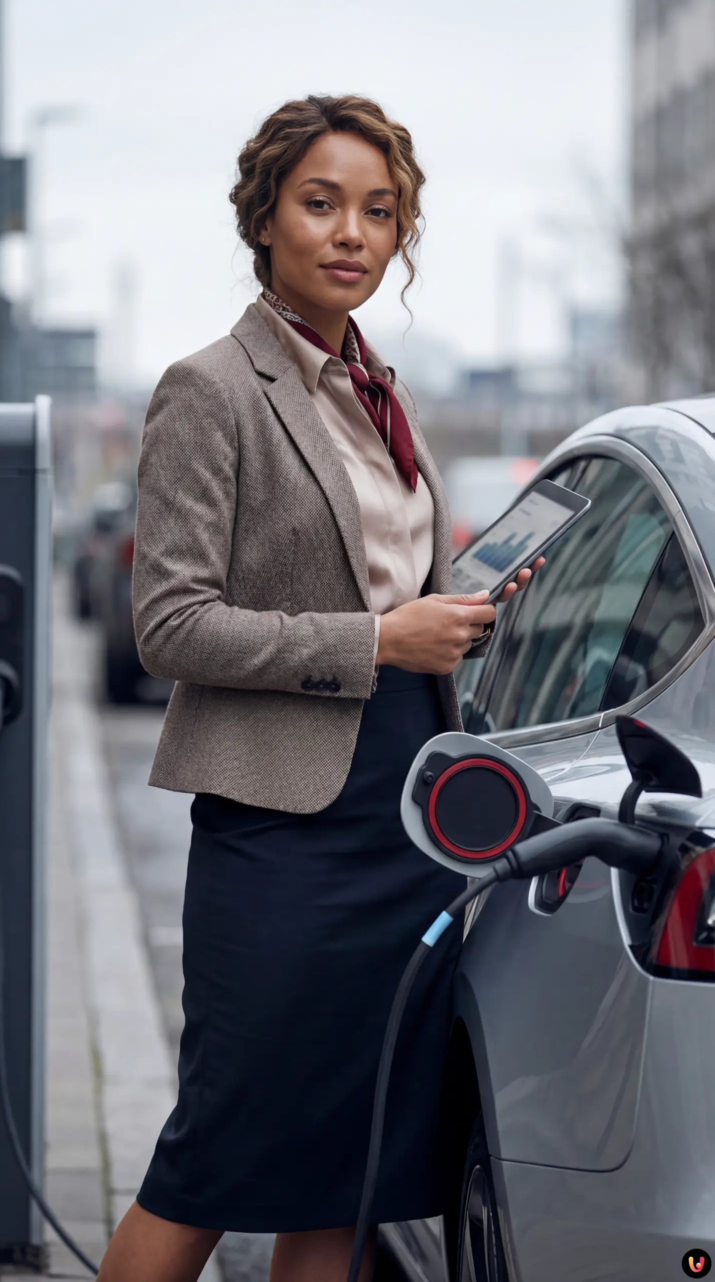 SUV hybride rechargeable branch&eacute; sur une borne de recharge en ville