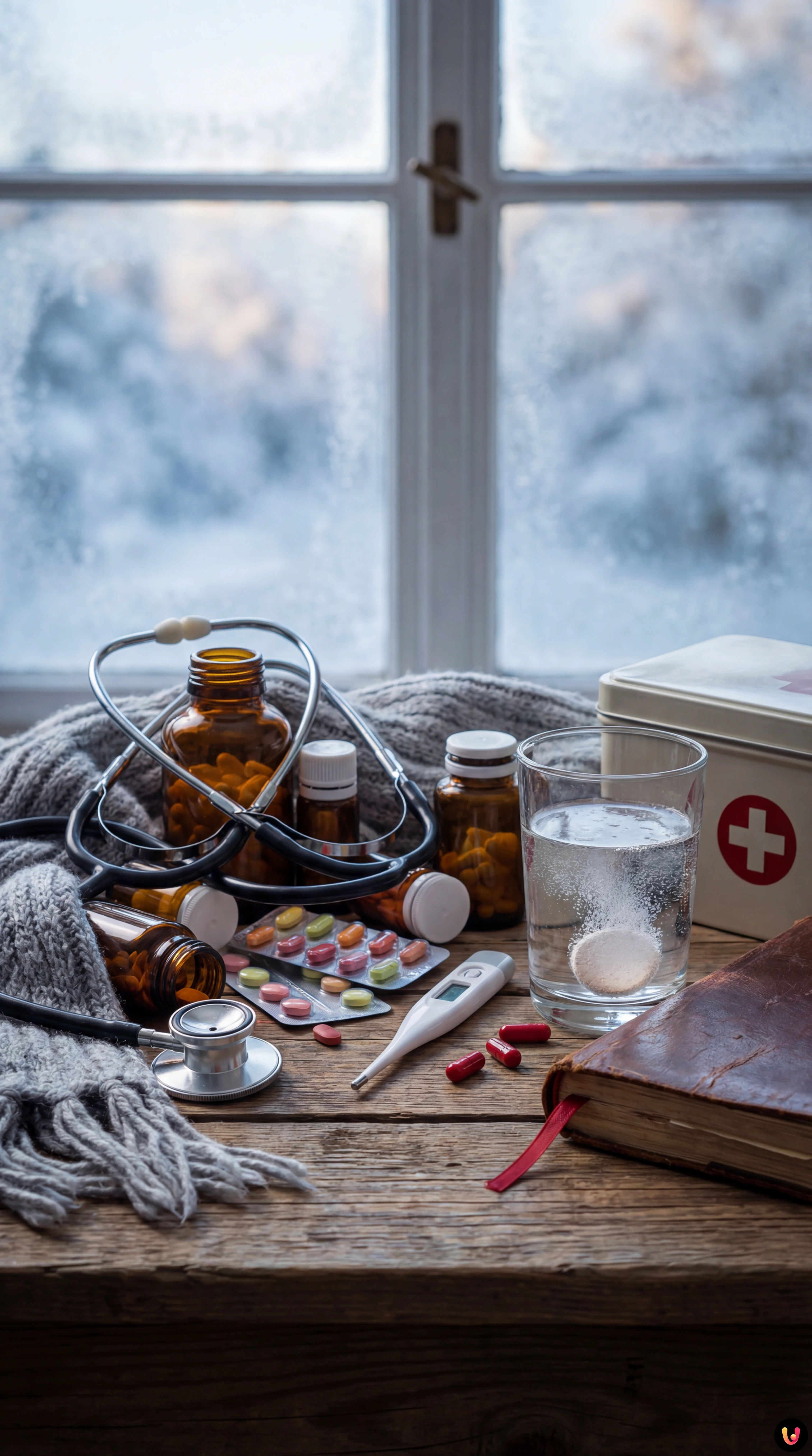 Mani che tengono diverse pillole e farmaci da banco su sfondo medico sfocato