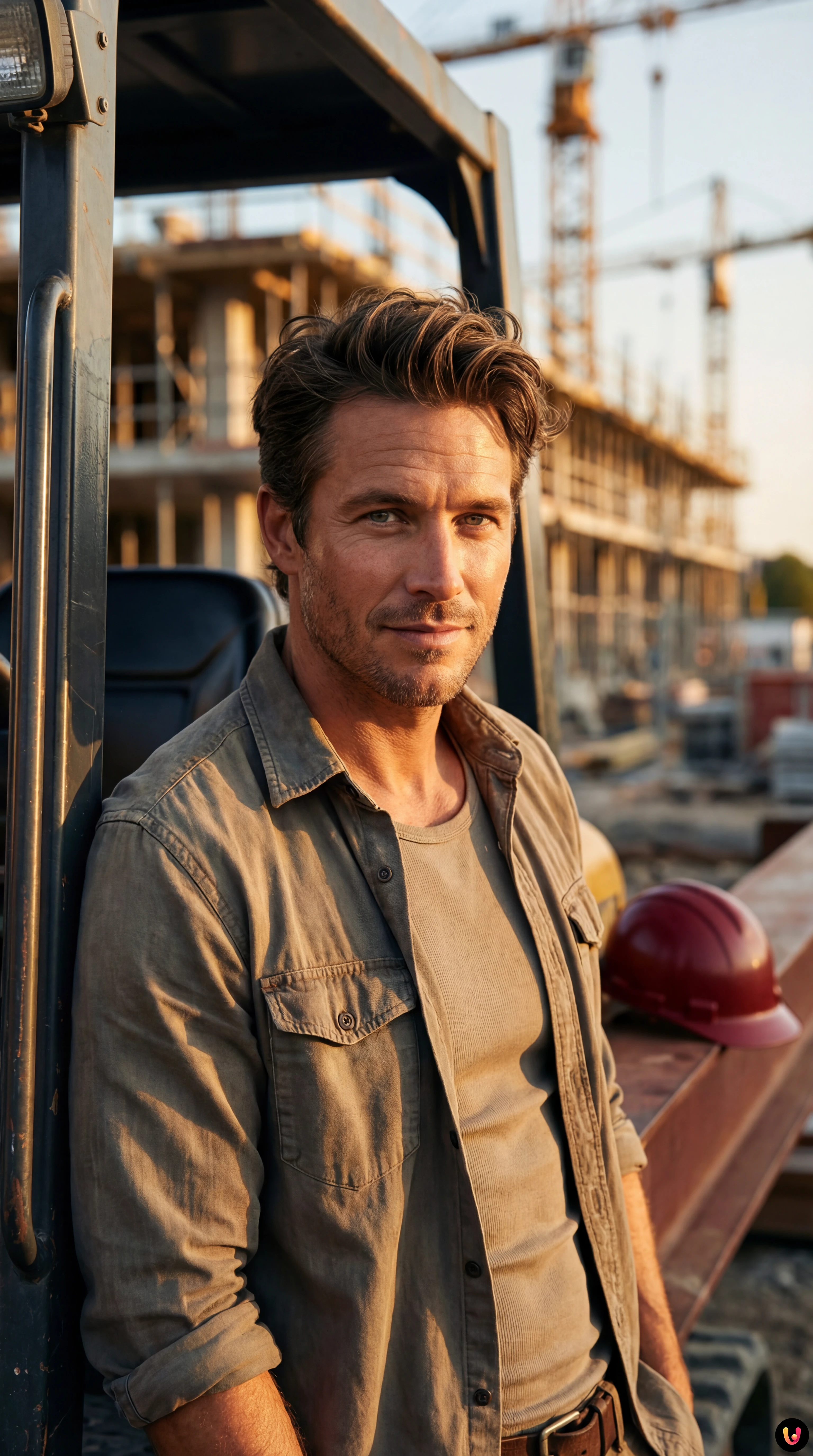 Lavoratore edile in sicurezza osserva un cantiere in costruzione con gru sullo sfondo