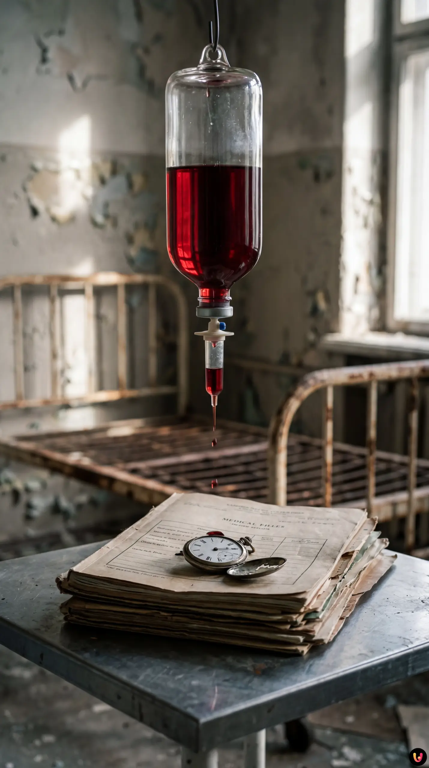 Cartella clinica e flebo per chemioterapia in una stanza d'ospedale