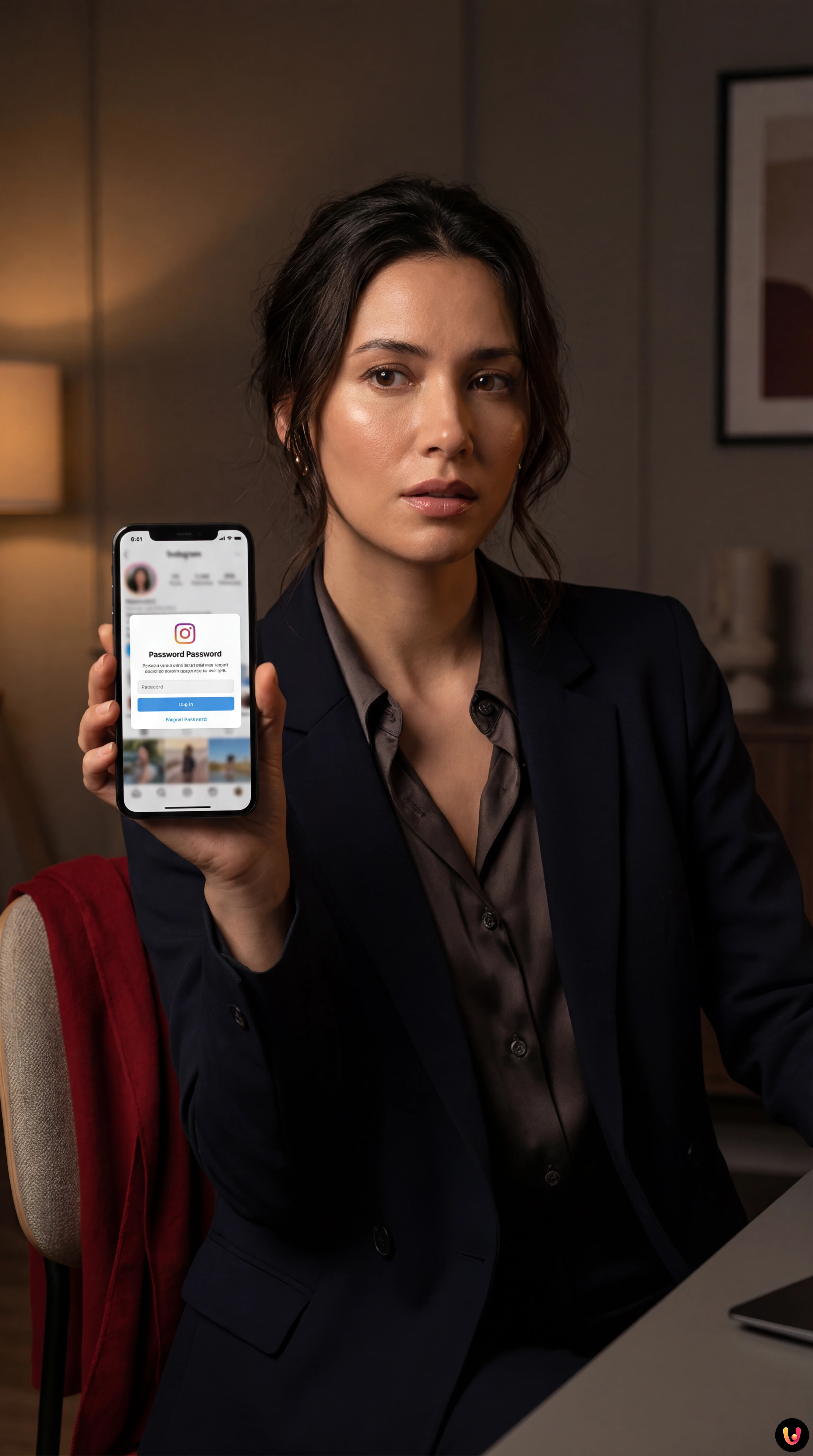 Smartphone mostra notifica reset password Instagram su sfondo scuro