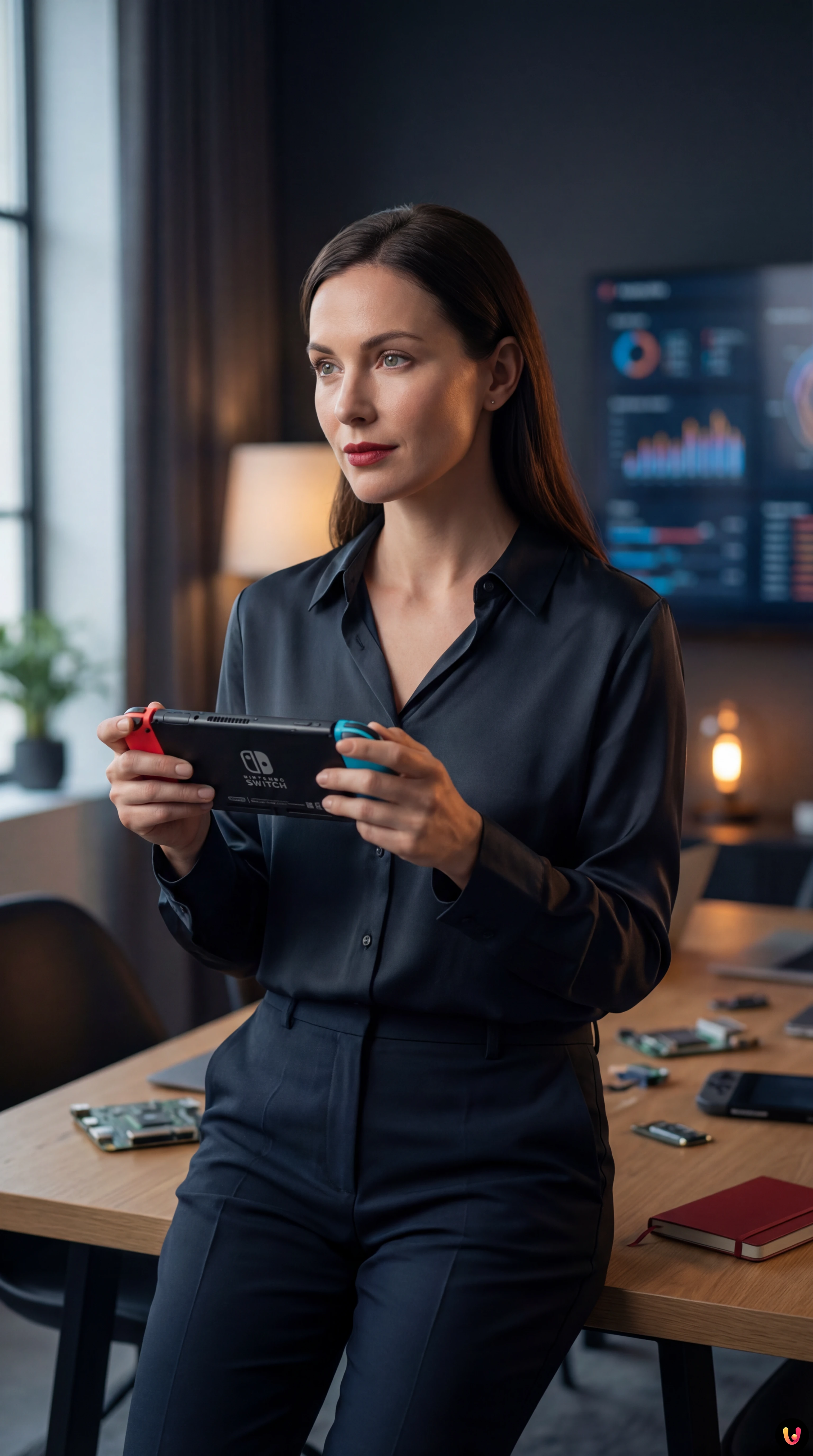 Console Nintendo Switch 2 in primo piano con sfondo astratto di circuiti e chip di memoria