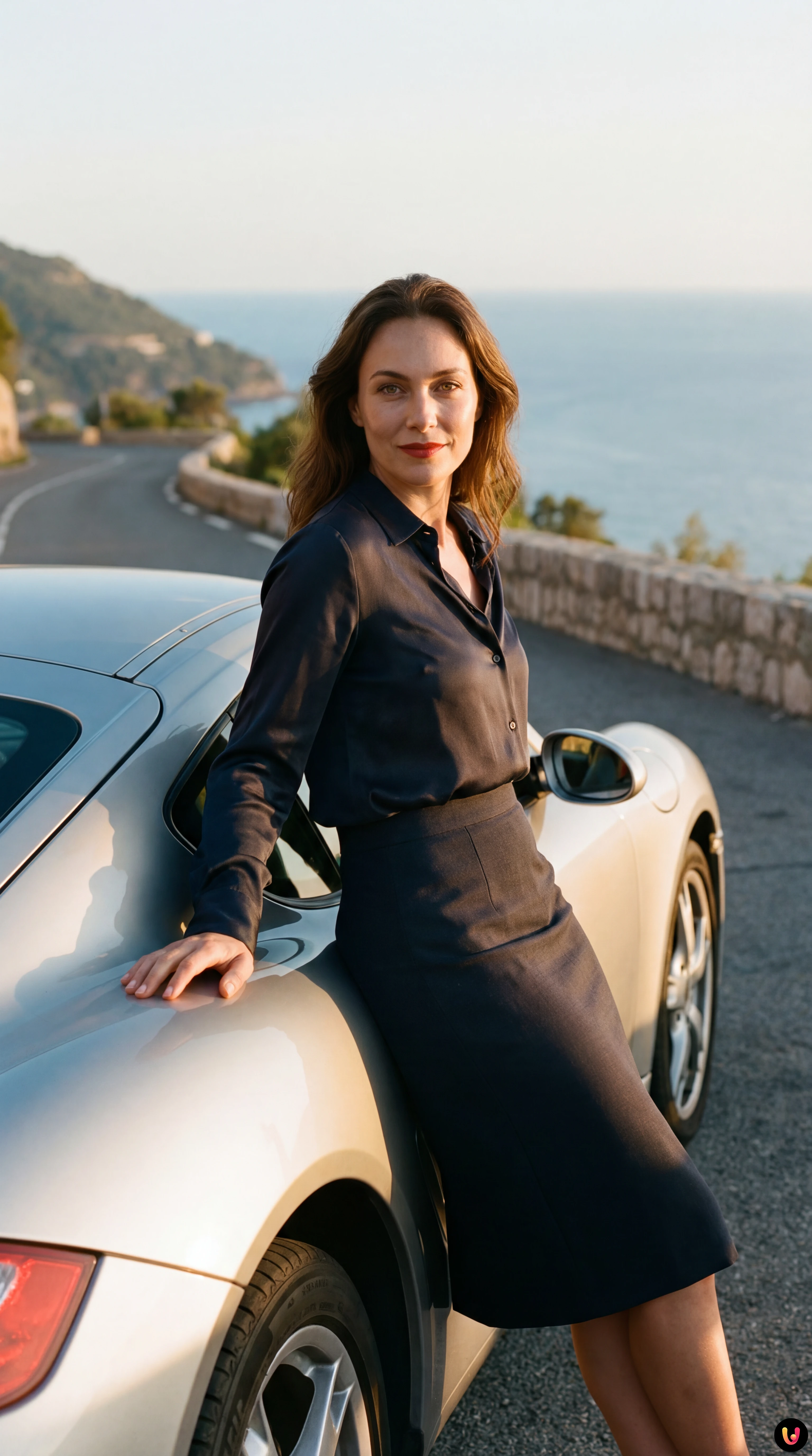 Porsche Cayman 987 gris m&eacute;tallis&eacute; roulant sur une route de campagne d&eacute;gag&eacute;e.