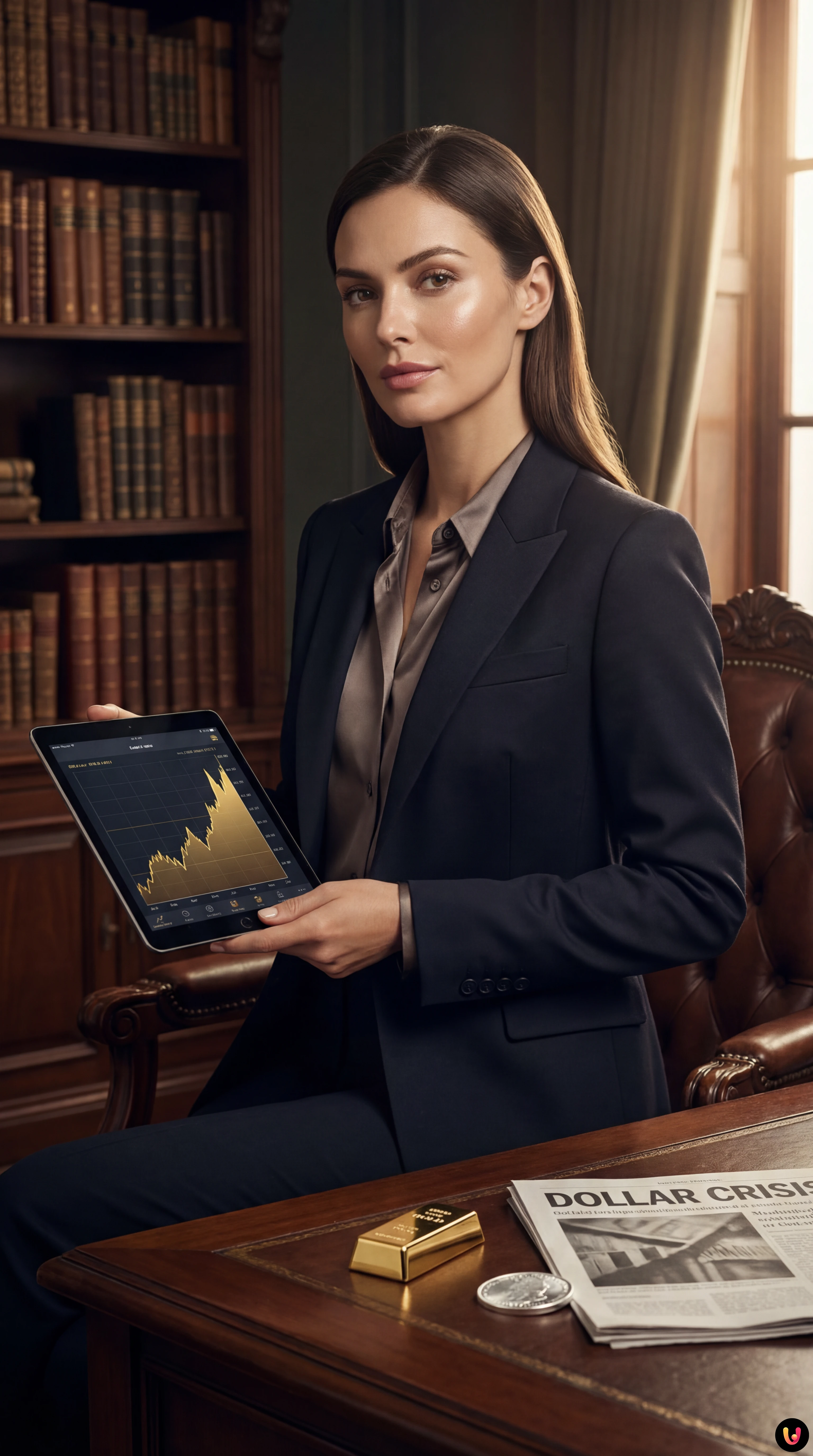 Lingotti d'oro e grafico finanziario rialzista con dollari sullo sfondo