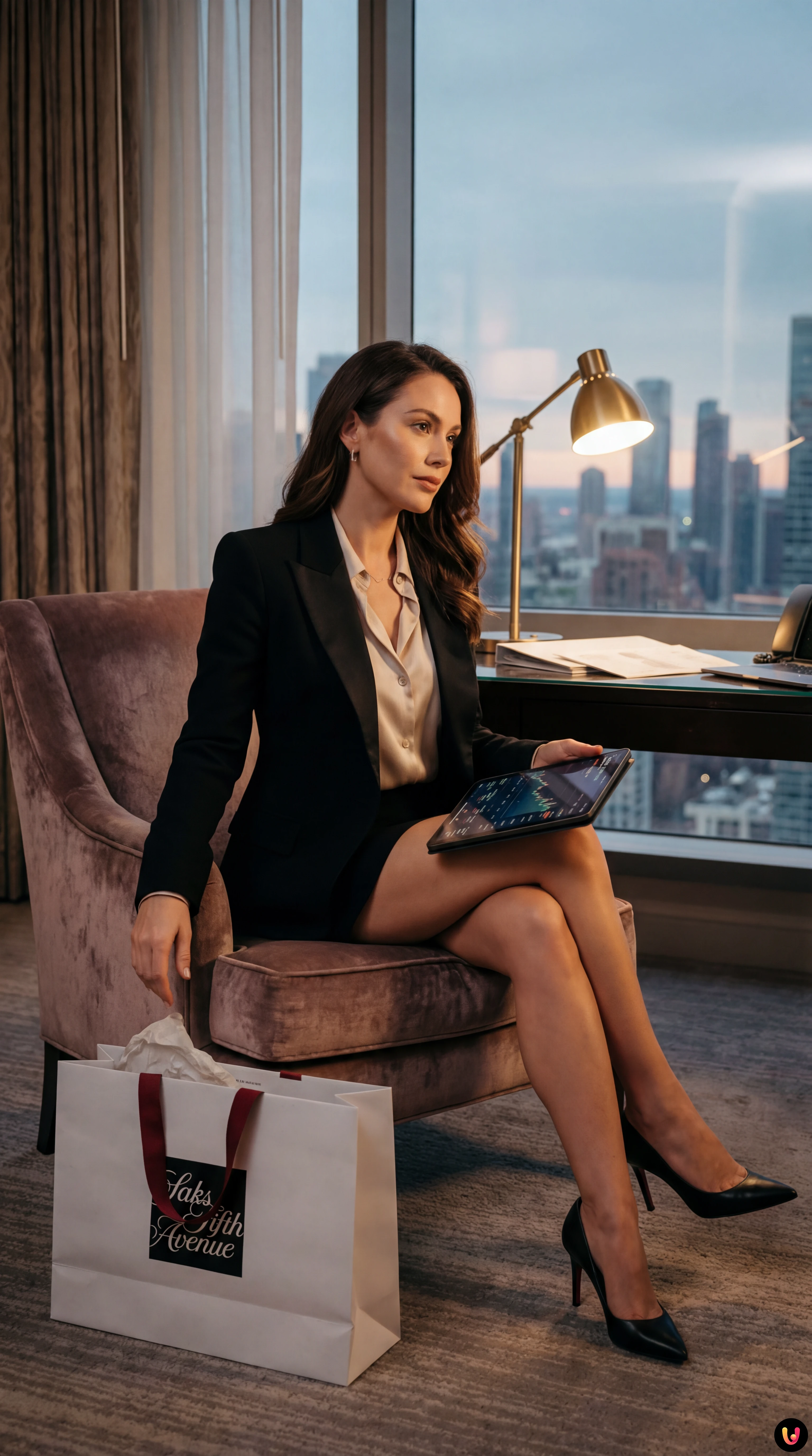 Facciata store Saks Fifth Avenue con simboli finanziari in calo