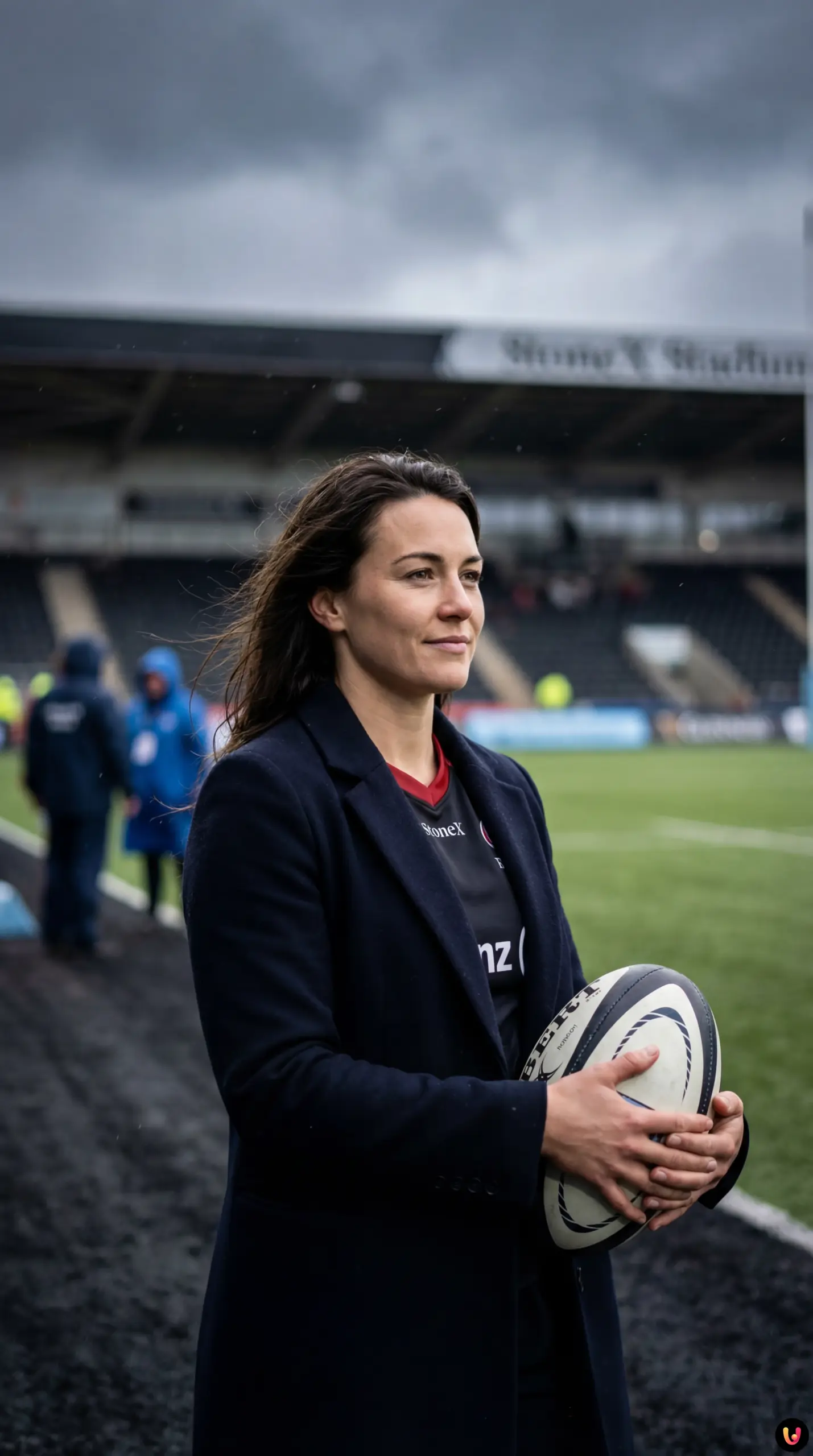 Joueurs de rugby luttant contre le vent et la pluie au StoneX Stadium.