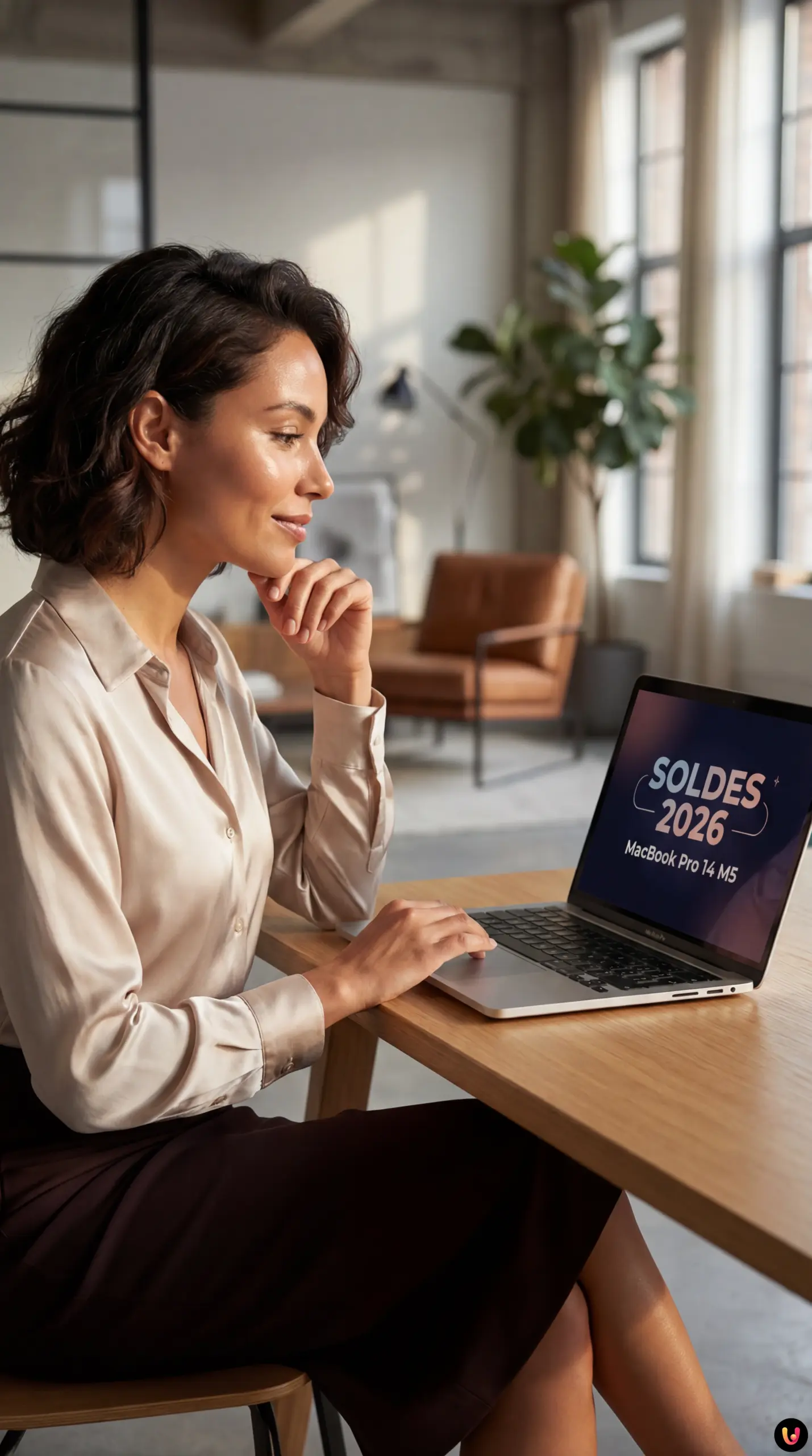 MacBook Pro 14 M5 argent ouvert sur un bureau moderne et &eacute;pur&eacute;