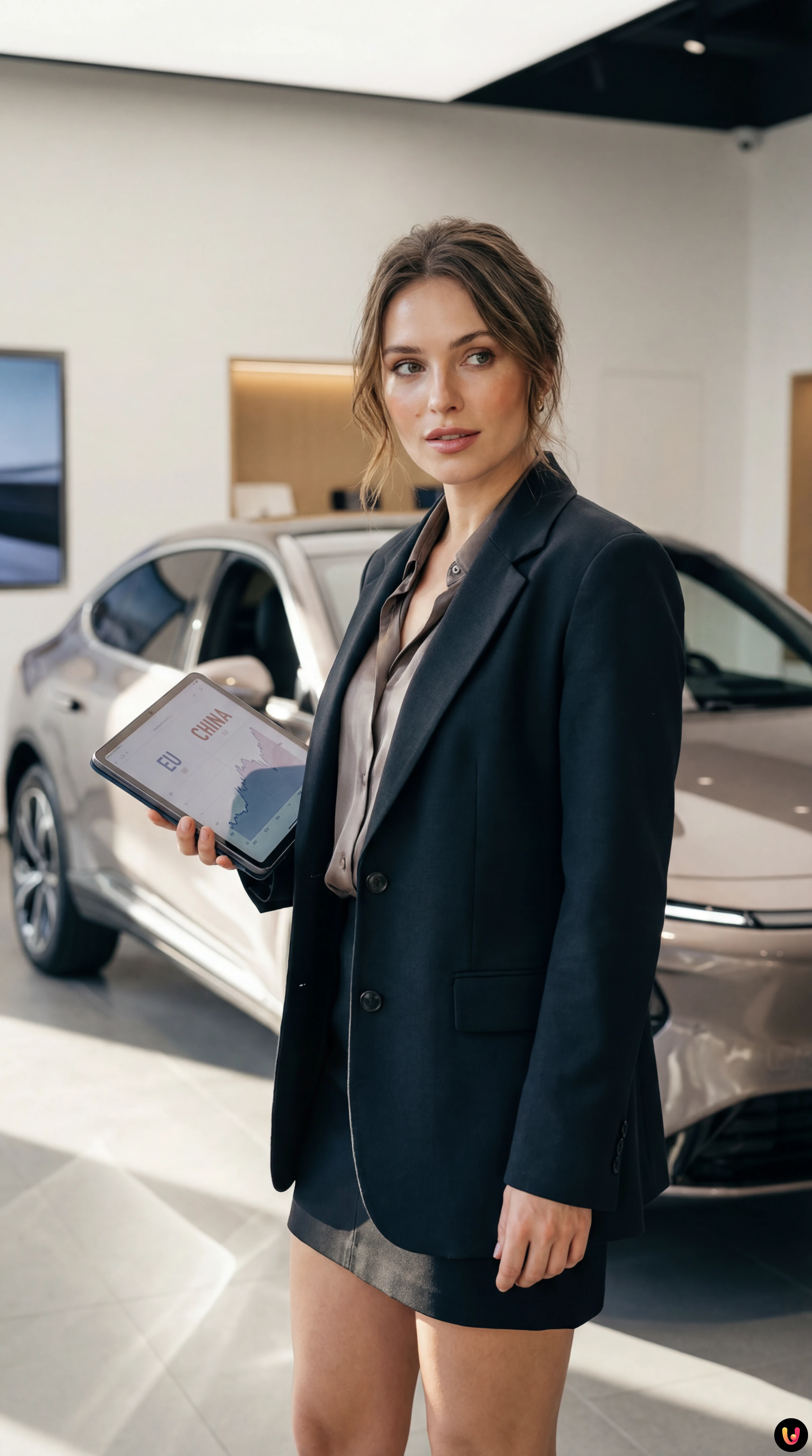 Auto elettriche moderne in esposizione con bandiere UE e Cina