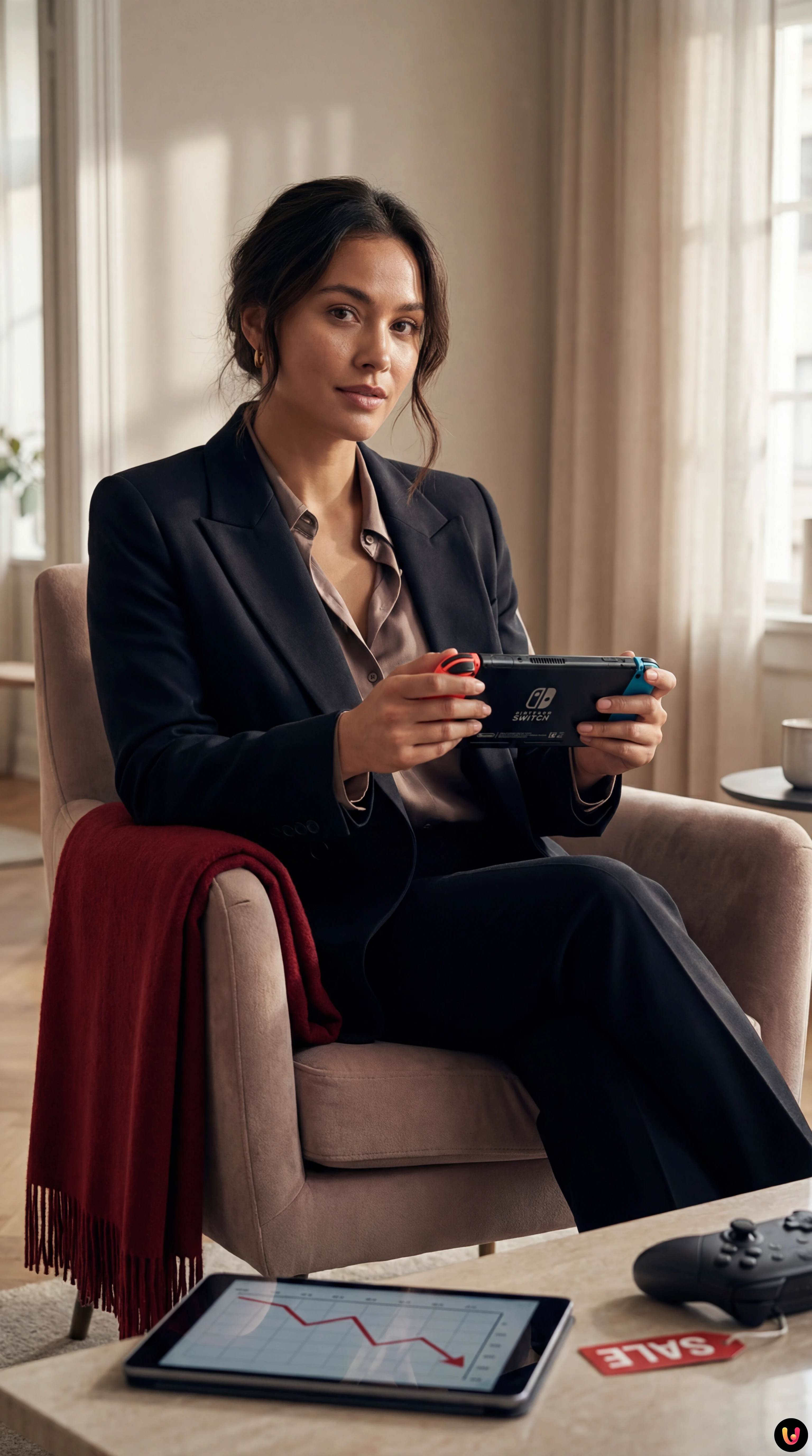 Console de jeu Switch 2 pos&eacute;e dans un salon avec des d&eacute;corations de No&euml;l floues.