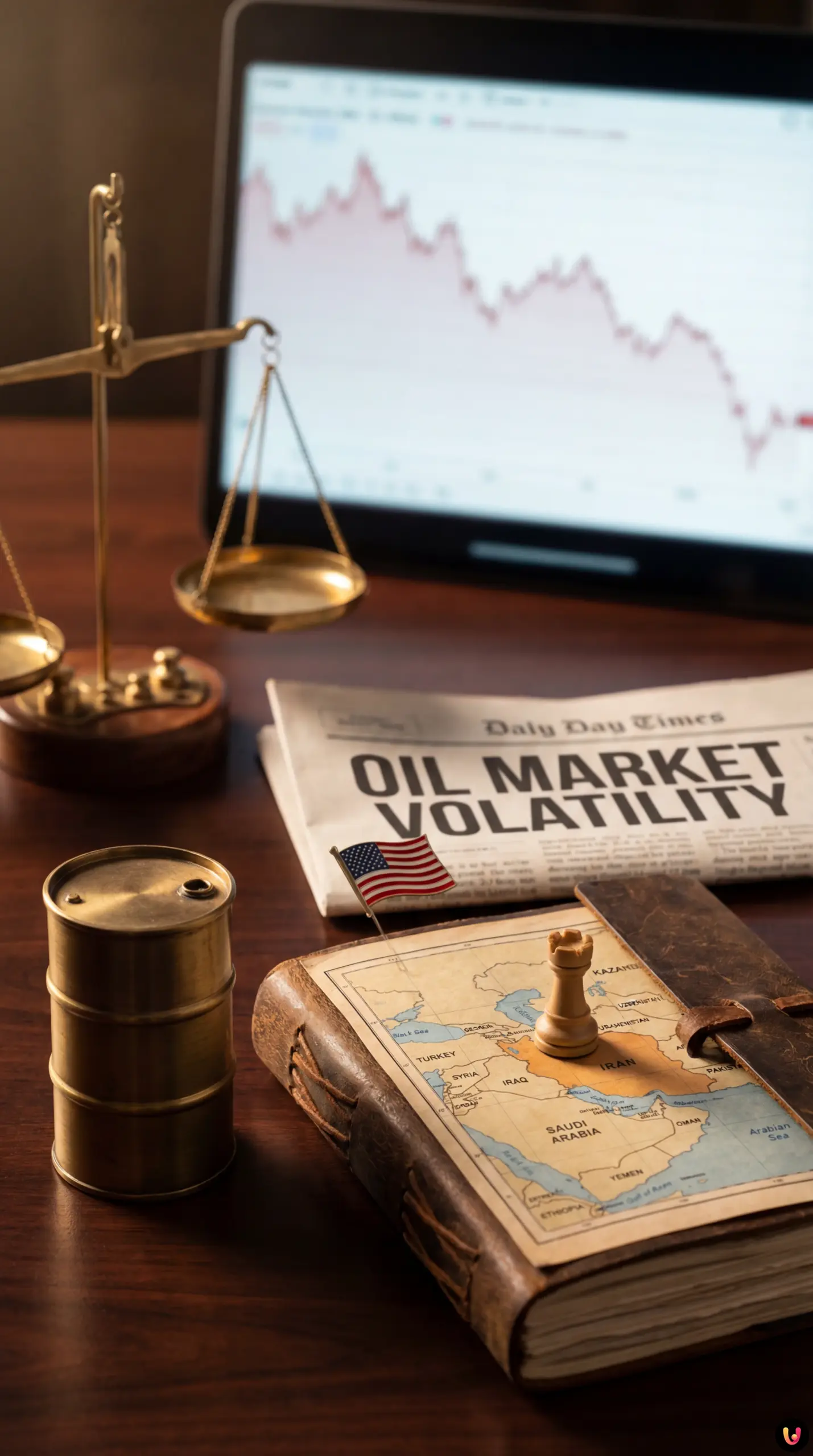 Silhouette de Donald Trump devant des puits de pétrole et le drapeau iranien