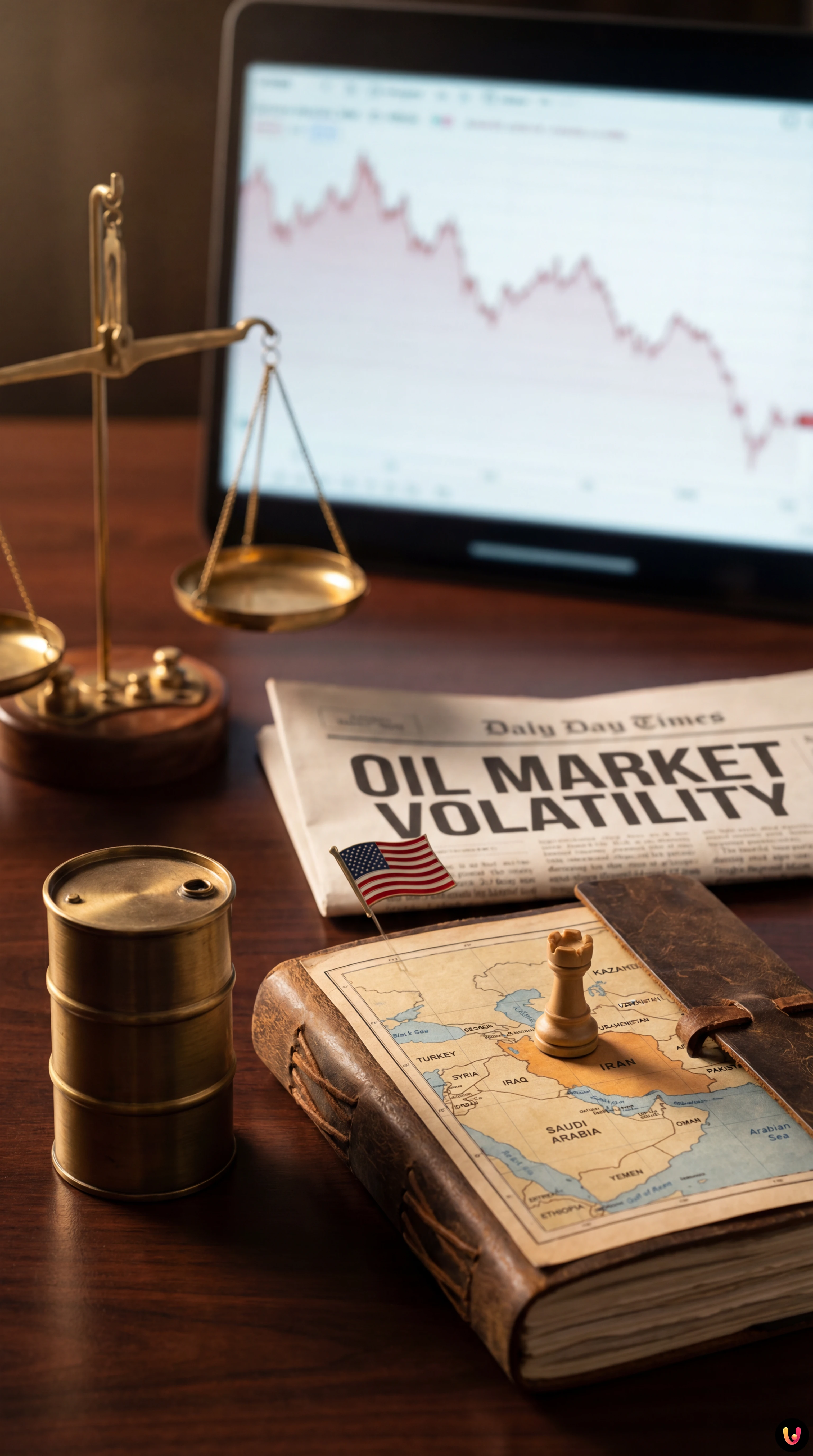 Silhouette de Donald Trump devant des puits de pétrole et le drapeau iranien