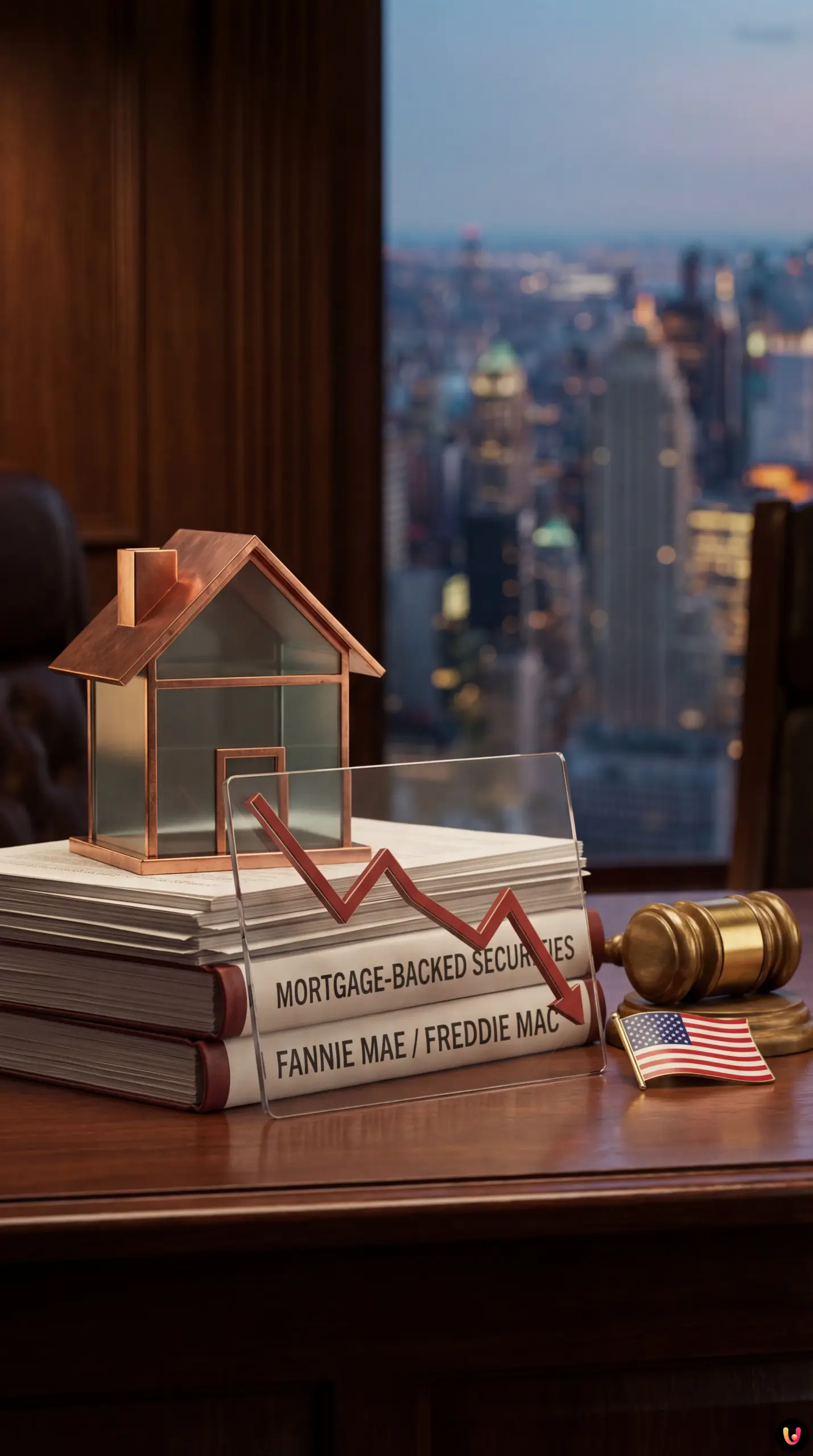 Donald Trump davanti a grafici finanziari e loghi di Fannie Mae e Freddie Mac.