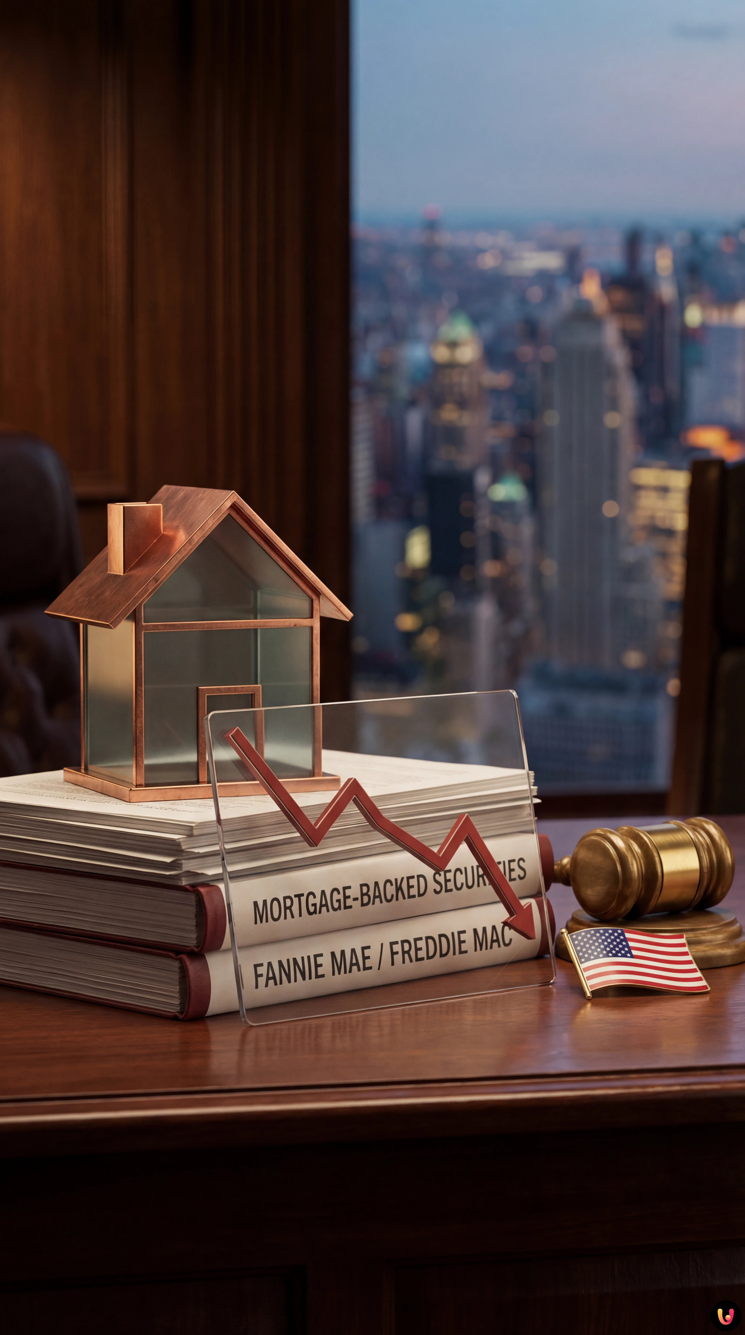 Donald Trump davanti a grafici finanziari e loghi di Fannie Mae e Freddie Mac.