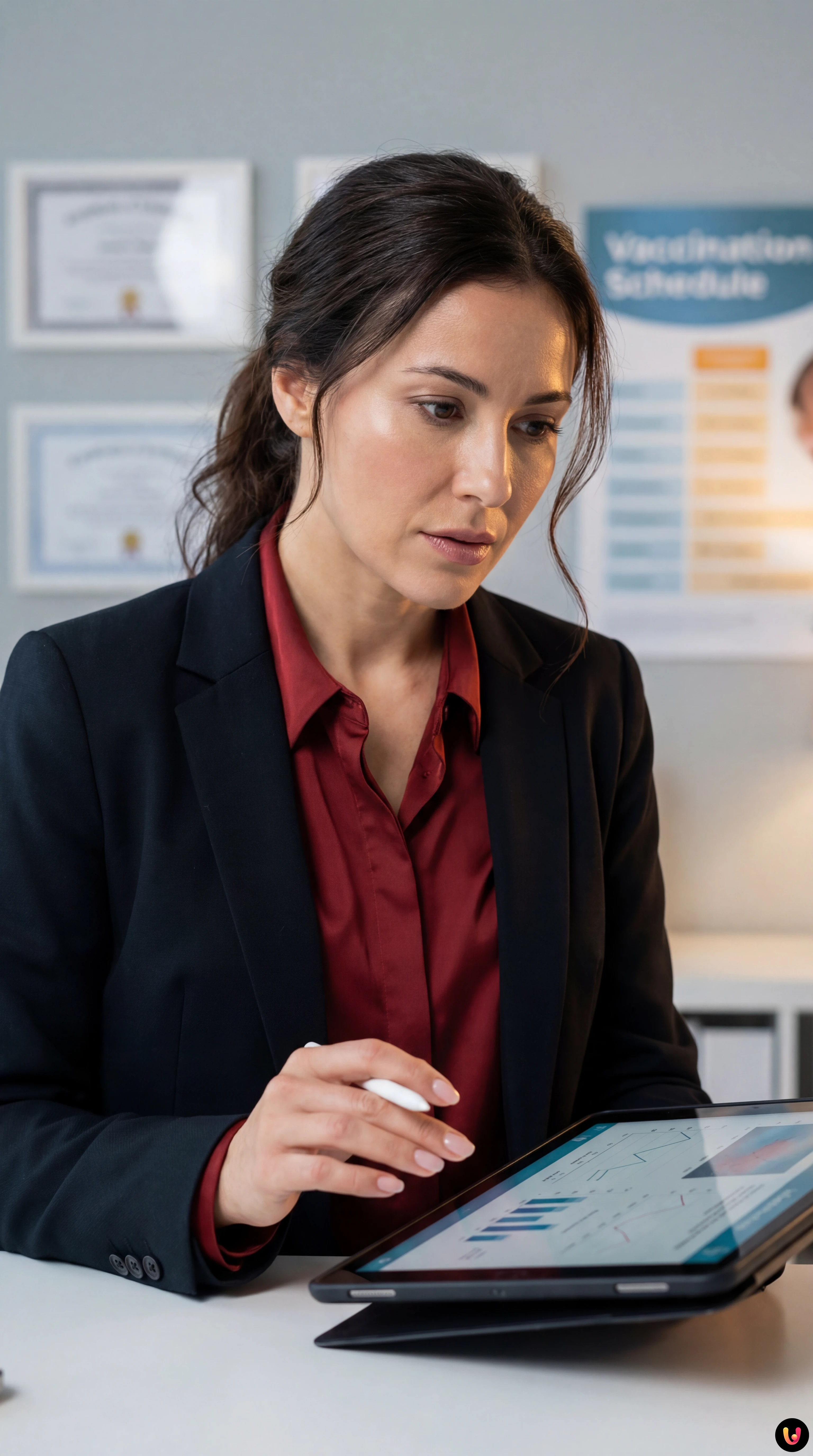 Pediatra prepara una dose di vaccino in uno studio medico sterile.