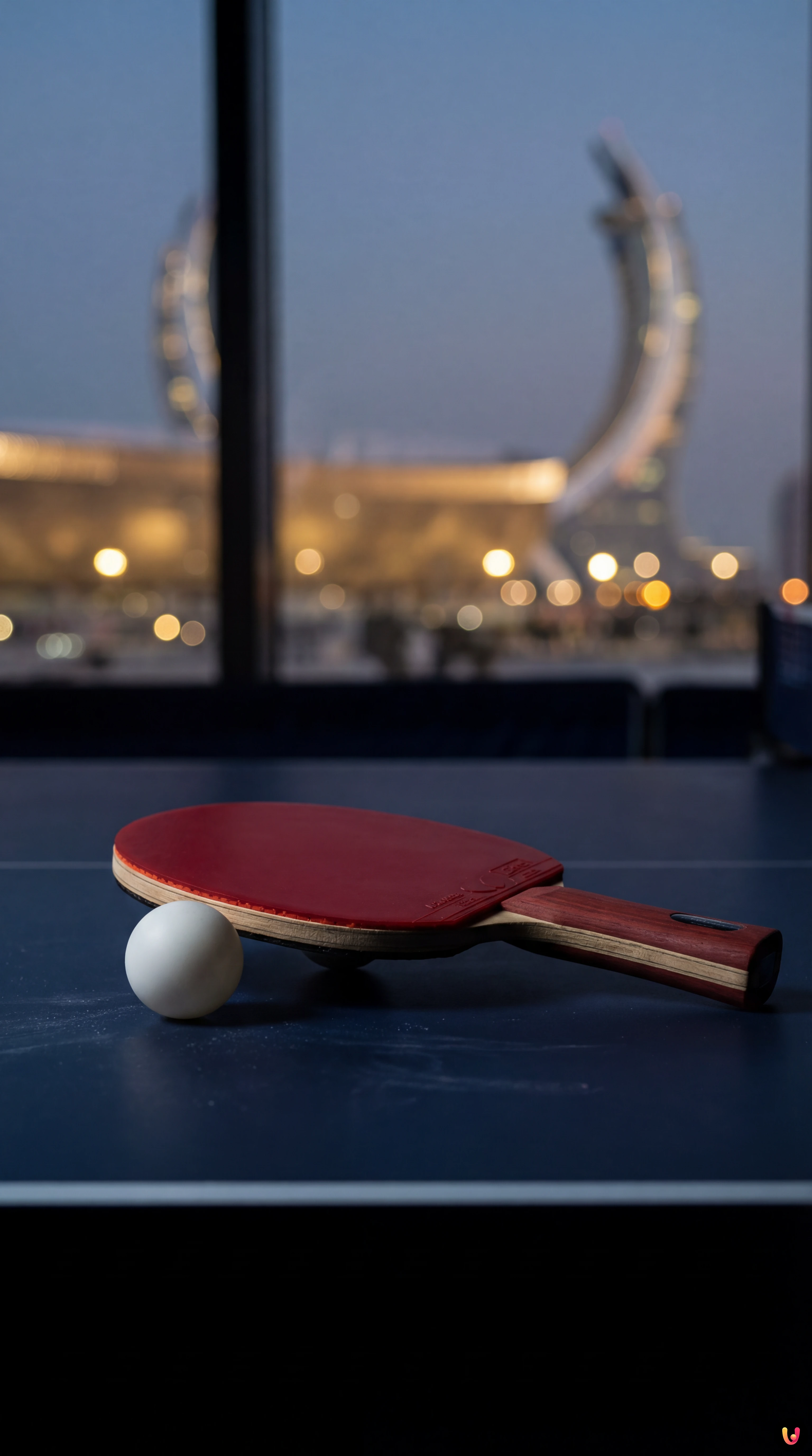 Félix Lebrun in azione durante il match di tennistavolo contro Dang Qiu al WTT Doha 2026