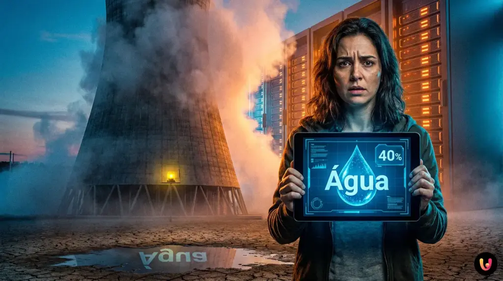 Corredor de servidores em data center ilustrando o consumo de &aacute;gua na tecnologia