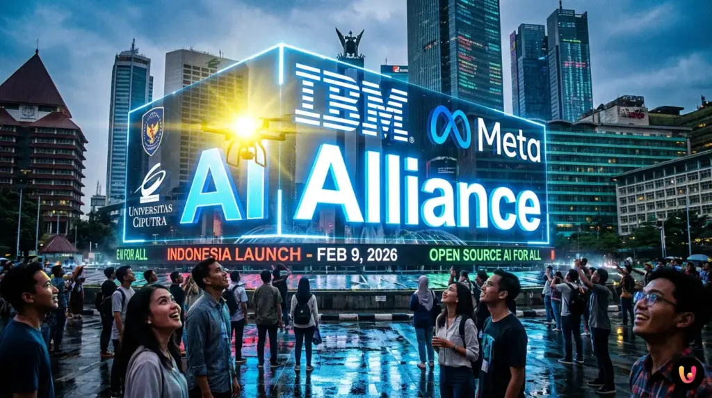 Rappresentazione digitale dell'AI Alliance in Indonesia con loghi IBM e Meta