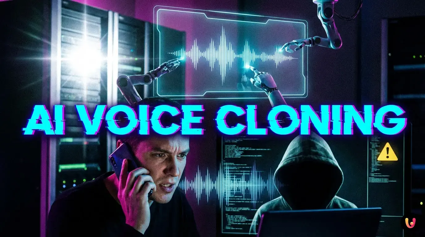 AI Voice Cloning Technology and Biometric Theft Abstract visualization of AI neural networks processing human voice data