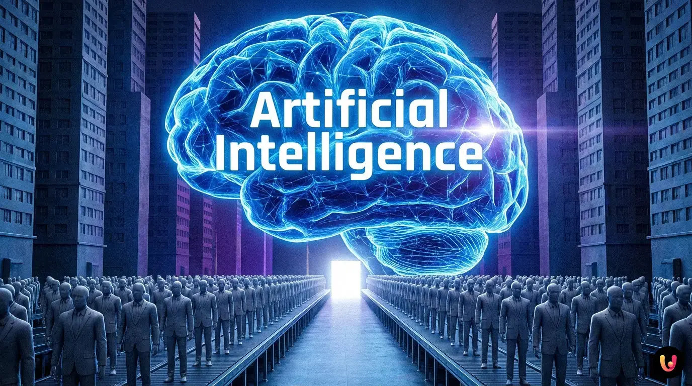 Digital visualization of AI algorithms creating identical, standardized content patterns