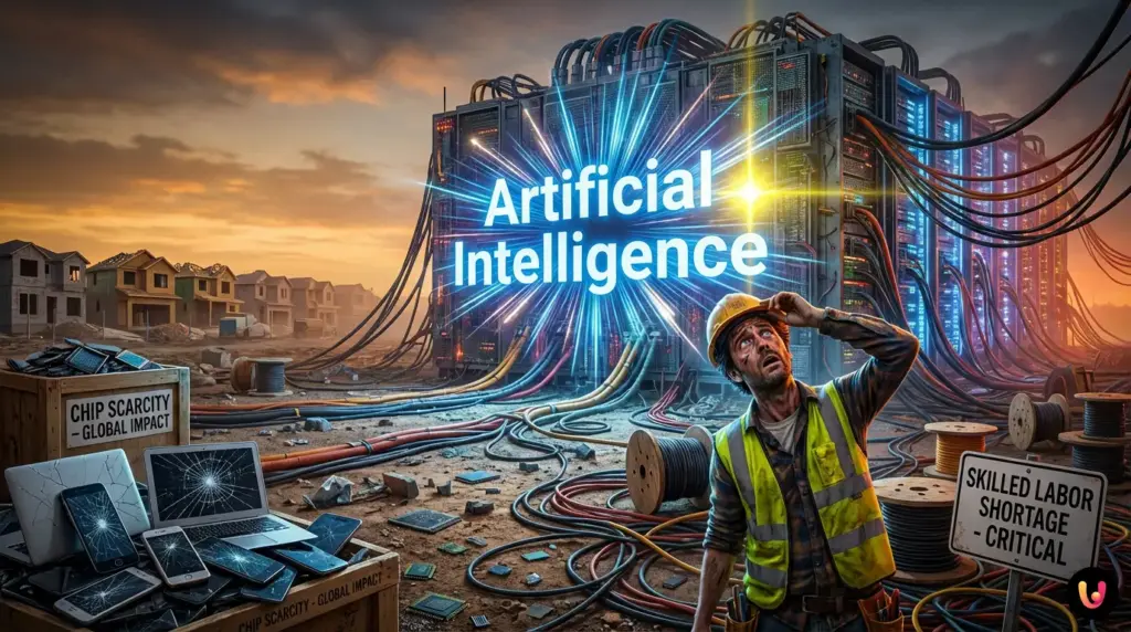 Construction site for massive AI data centers symbolizing global resource shortages.