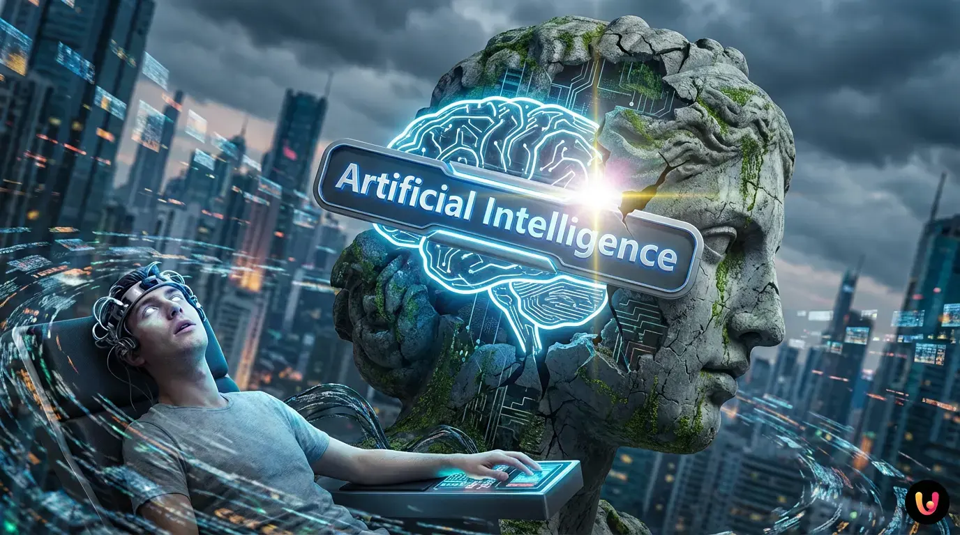 Digital neural network overshadowing a fading human brain silhouette