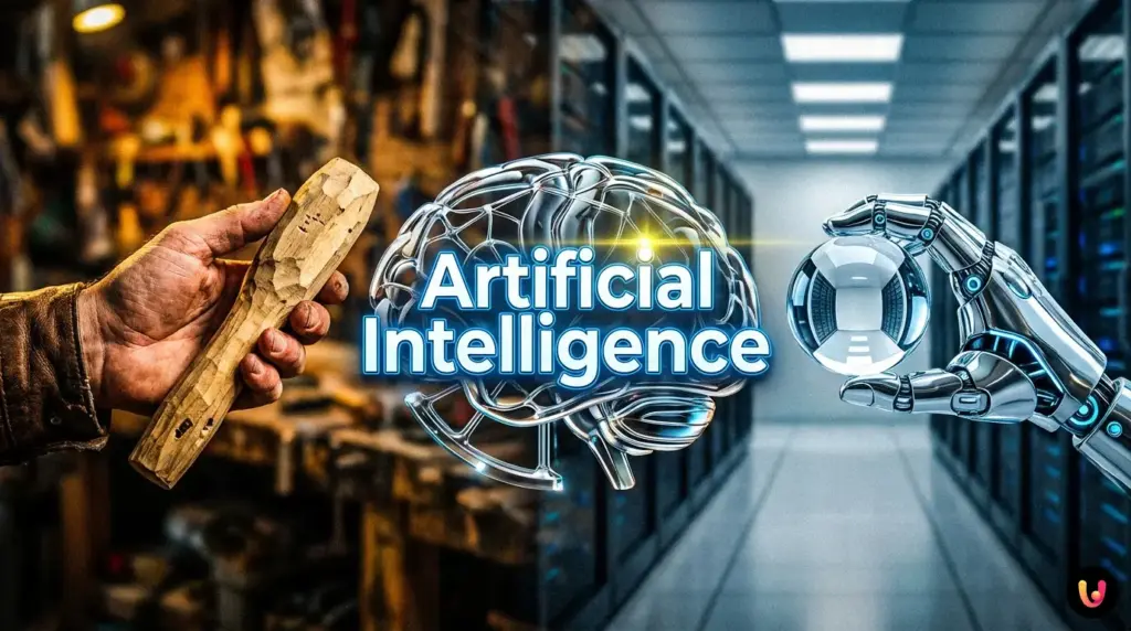 Artistic contrast between cold AI precision and warm human authenticity