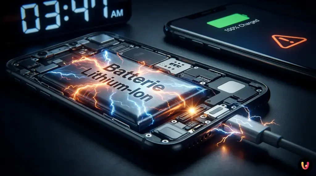 Smartphone branch&eacute; avec c&acirc;ble de recharge sur une table de nuit sombre