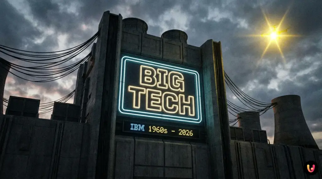 Big Tech come IBM anni ’60: il consolidamento uccide l’innovazione? Confronto grafico tra mainframe IBM anni 60 e data center AI delle Big Tech