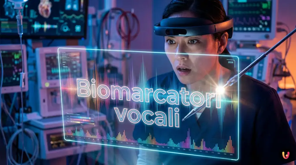 Illustrazione di onde sonore vocali analizzate da intelligenza artificiale medica