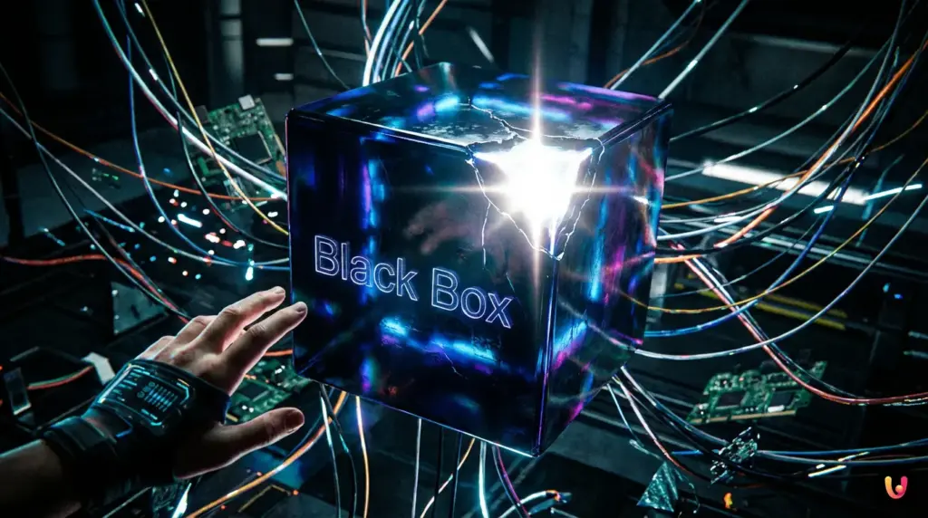 Rappresentazione astratta di una scatola nera digitale circondata da reti neurali luminose