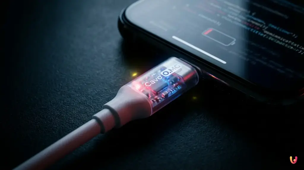 L’inganno perfetto: il cavo identico all’originale che ti spia Primo piano di un cavo USB bianco apparentemente originale collegato a uno smartphone